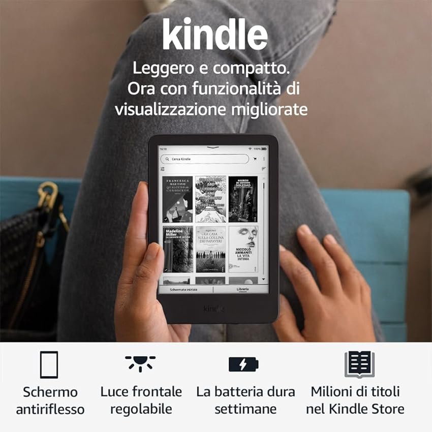 Amazon Kindle (Ultimo modello) - Il più leggero e compatto, con schermo antiriflesso, cambio pagina più rapido, illuminazione frontale regolabile - 16 GB - Con pubblicità - Nero