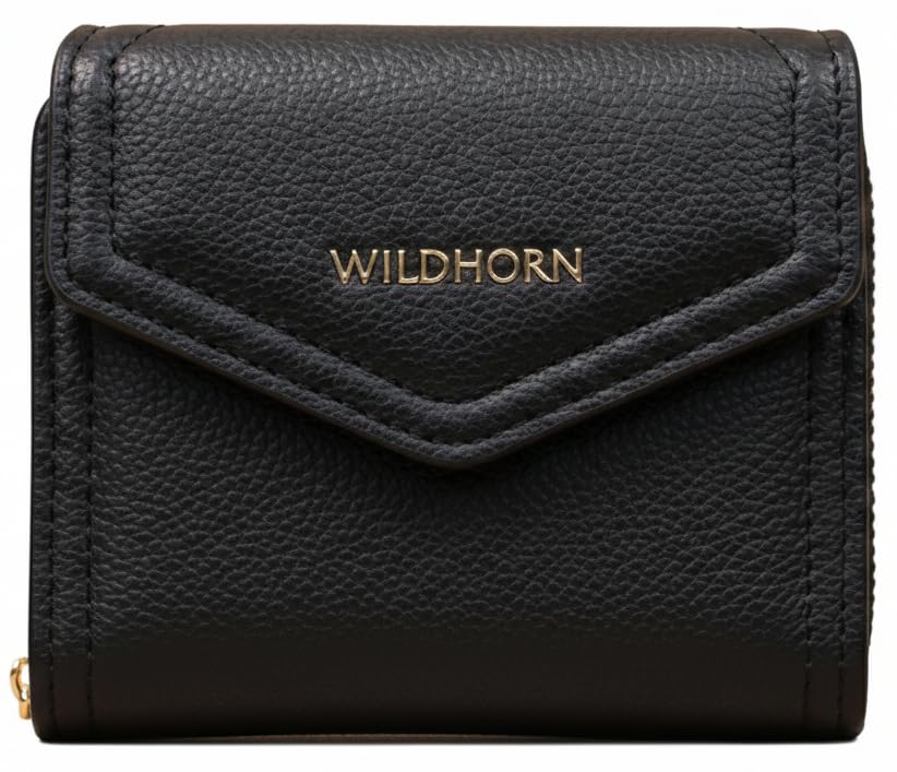 Image of WildHorn Women's Wallet | Premium Vegan Leather Ladies Purse with Zip Coin Pocket & Snap Button | Compact Wallet with Card Slots & ID Window (Black)