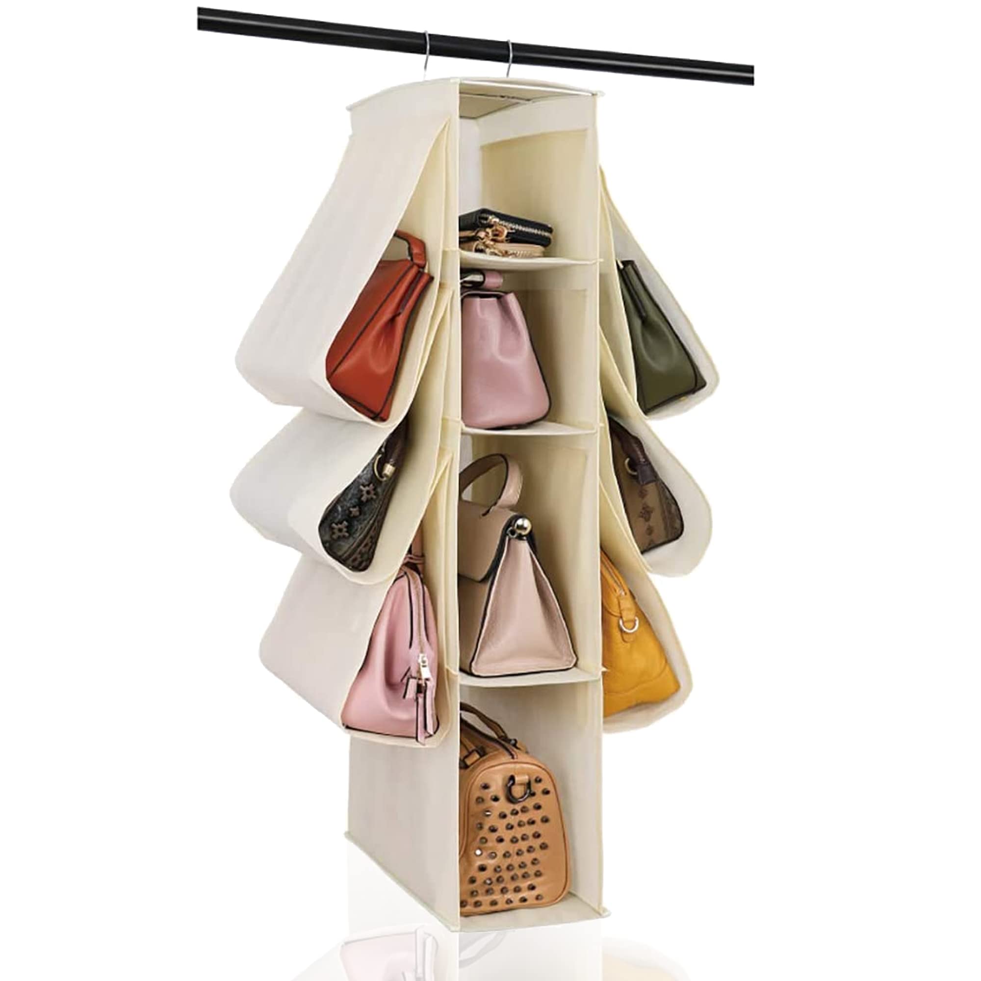 Swift 10-Grid Hanging Purse Organizer | Nonwoven Handbag Storage, Space-Saving Dust Bag with Shelf for Wardrobe & Closet (Cream White)