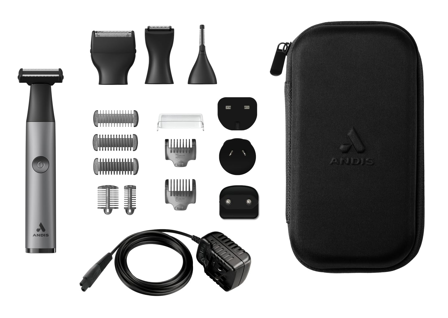 Andis inEDGE Kabelloser All-in-One Pflege-Kit | Dual-Seiten Nass/Trocken Trimmer | 4 Wechselköpfe | Gesicht, Körper, Ohren & Nase | 60 Min Laufzeit | Lithium-Ionen | Schwarz