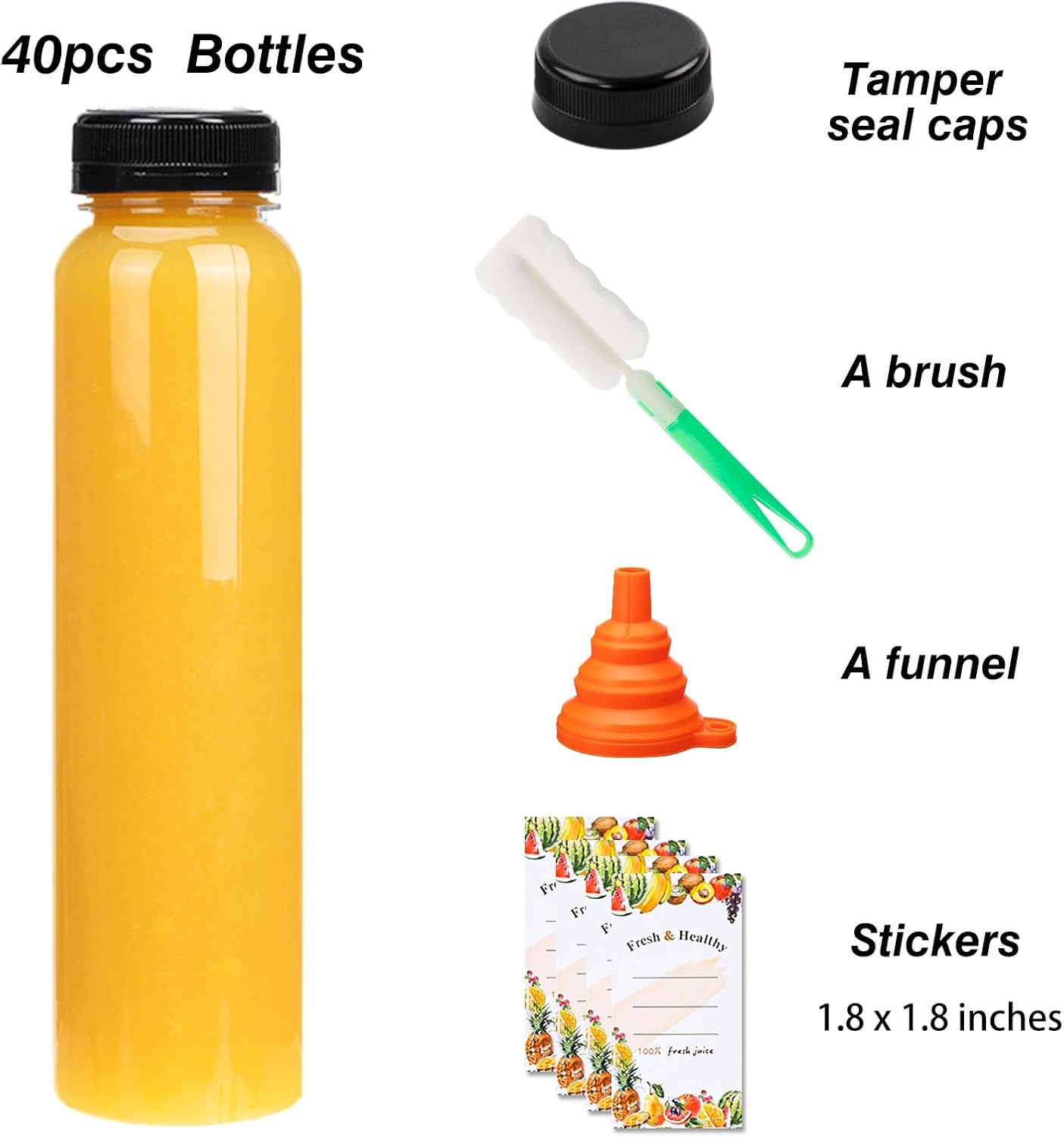 Moretoes 40pcs 12oz Juice Bottles, Empty Plastic Juicing Bottles with Caps, Reusable Clear Bulk Beverage Containers for Juicing, Drinking, Milkshake, Tea and Other Beverages