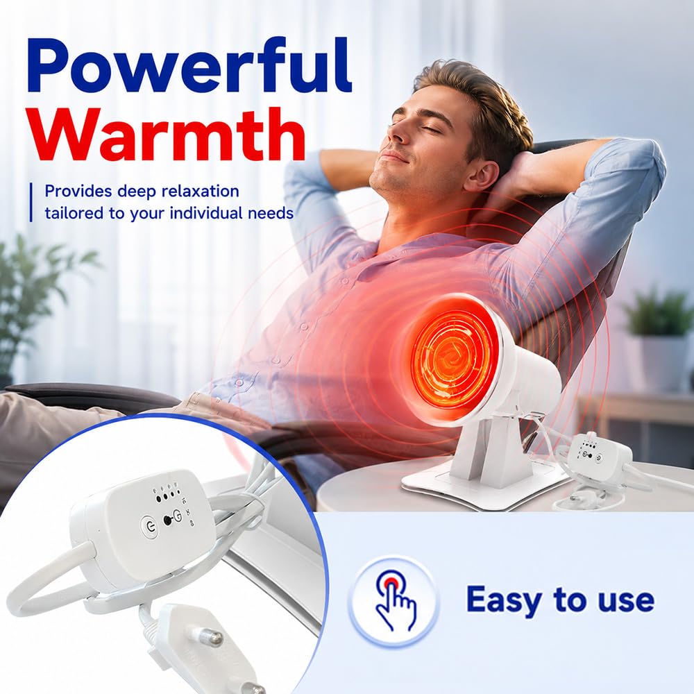 Rotlichtlampe 150W, Infrarotlampe mit 4 Temperaturstufen & 3 Timer, Einstellbarer Winkel Rotlichtlampe Wärmelampe für Gesicht & Körper Entspannende Muskelermüdung