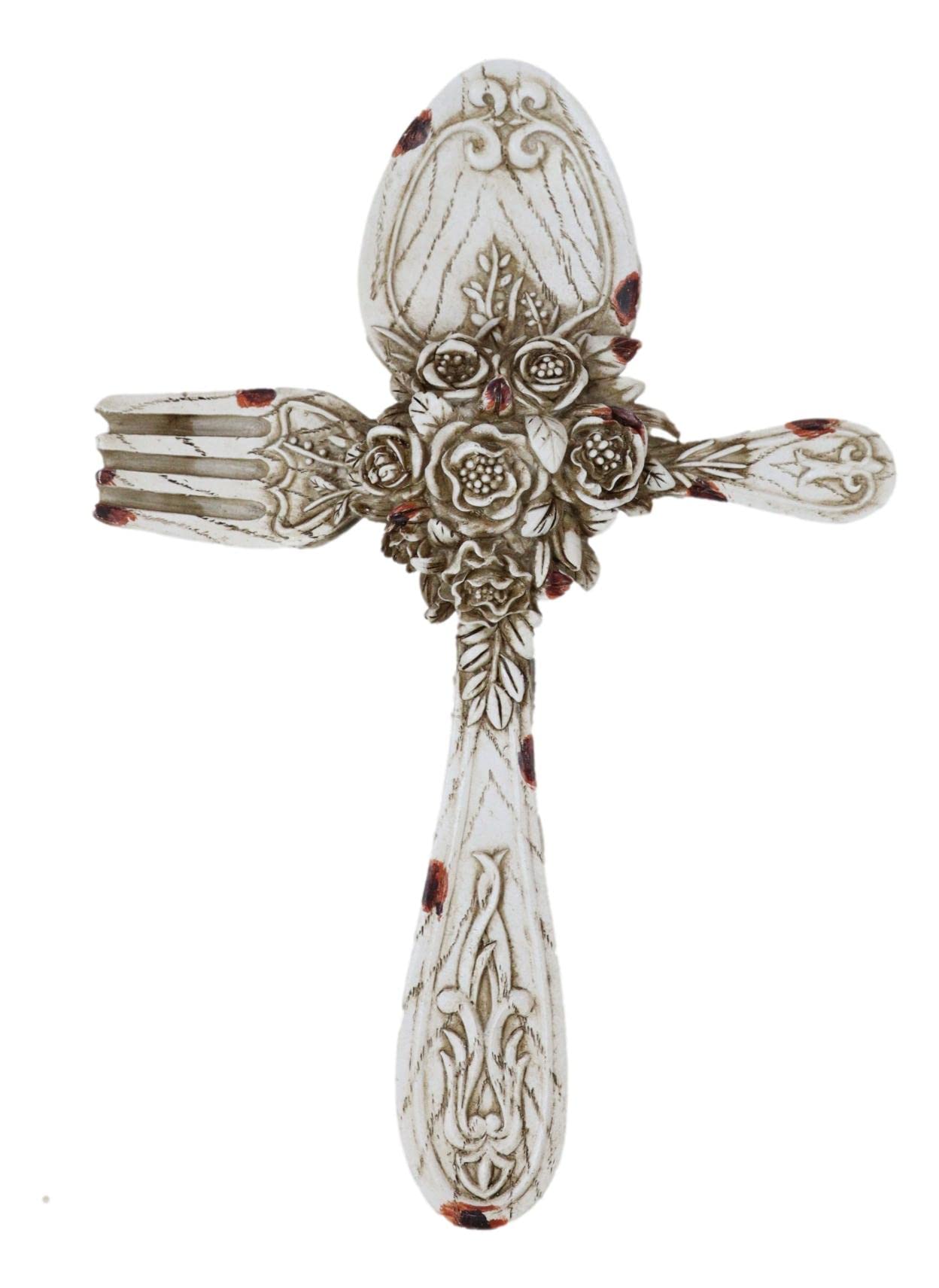 Ebros Gift French Tuscany Rustic Vintage Faux Wooden Spoon And Fork With Tooled Floral Roses And Vines Wall Cross Plaque Figurine 8.5" H Religious Christian Faith Kitchen Dining Home Hanging Accent