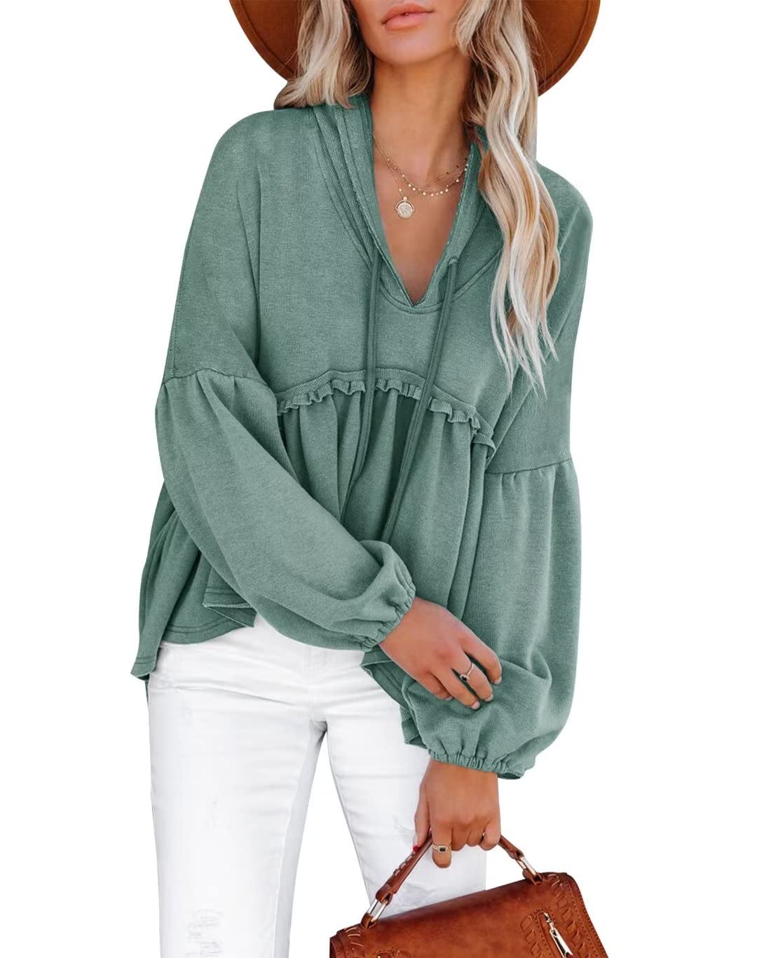 LimeroseWomens Tunic Top Casual Long Sleeves Peplum Babydoll Ruffle Knit Hoodies Pullover