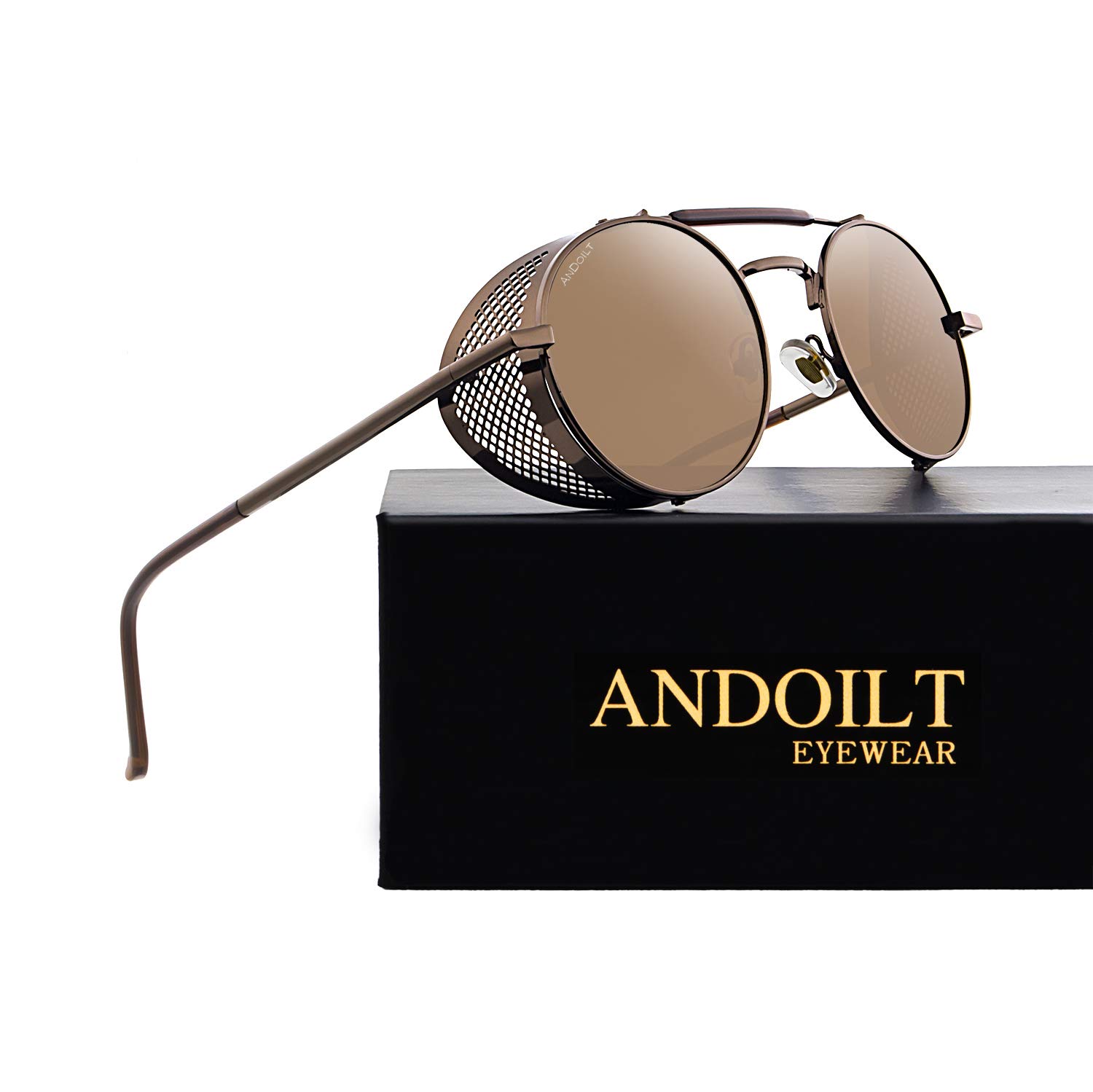 ANDOILT Steampunk Style Round Sunglasses for Men Women Vintage Retro Eyewear Matel Frame UV400 Protection Brown frame Brown lens