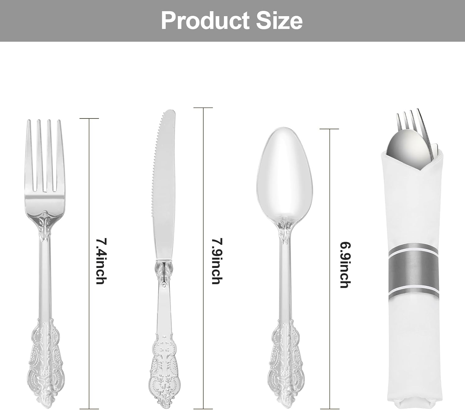 100 Pack Silver Plastic Silverware with Pre Rolled Napkins for 100 Guests, Silver Disposable Utensils Sets Includes 300 Plastic Cutlery, and 100 Napkins for Party & Wedding - Image 2
