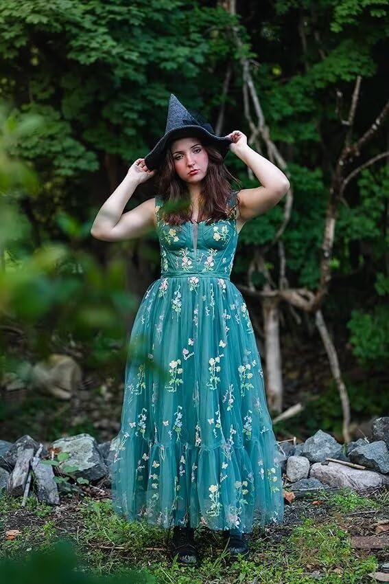 Embroidery Floral Prom Dresses for Women Tea Length Flowy Tulle Corset V Neck Modest Formal Party Dress with Pockets4