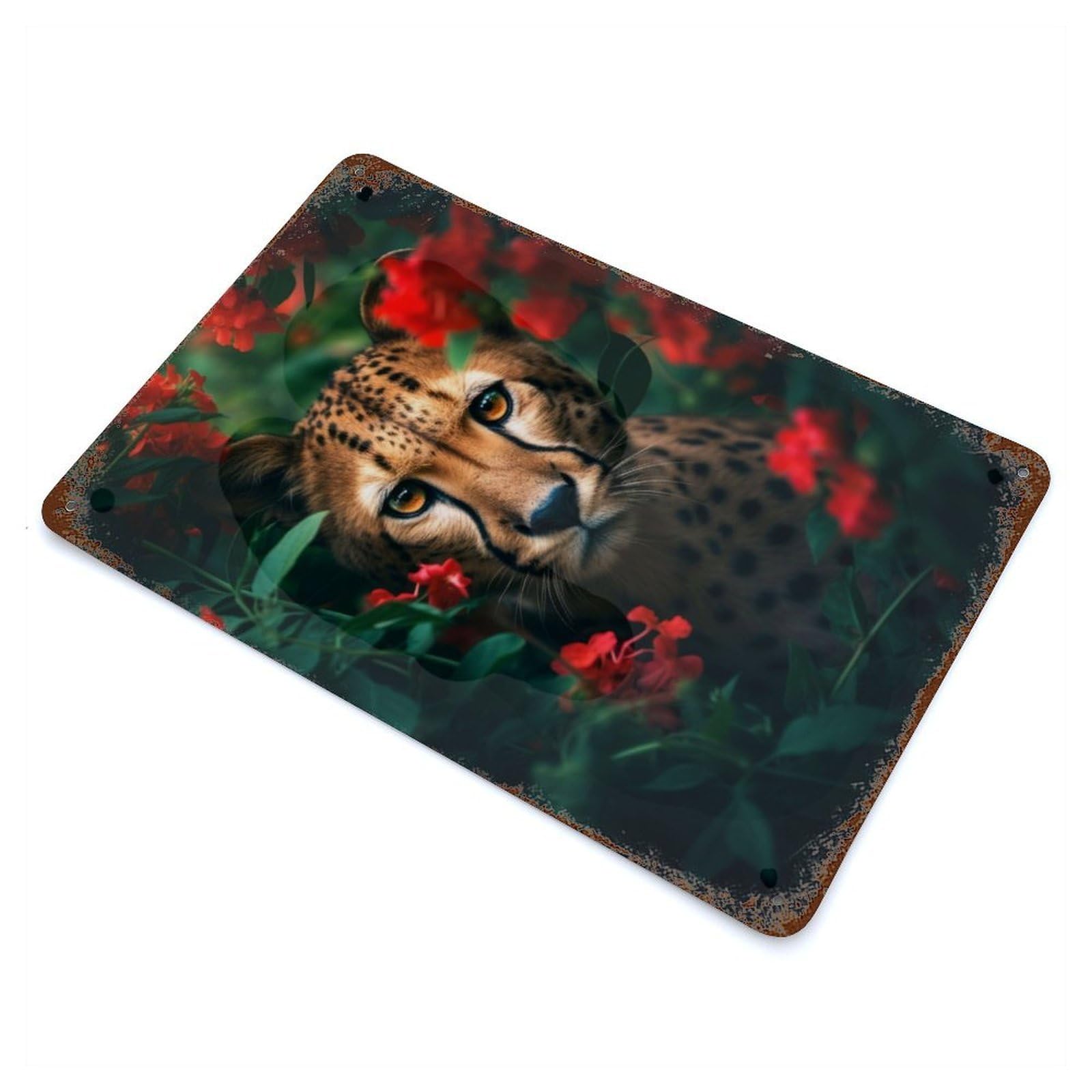 Vintage Rust Metal Sign Mysterious Cheetah Flowers 11.8"x7.9", Decorative Metal Wall Art for Basement, Hobby Room And Garage Decor