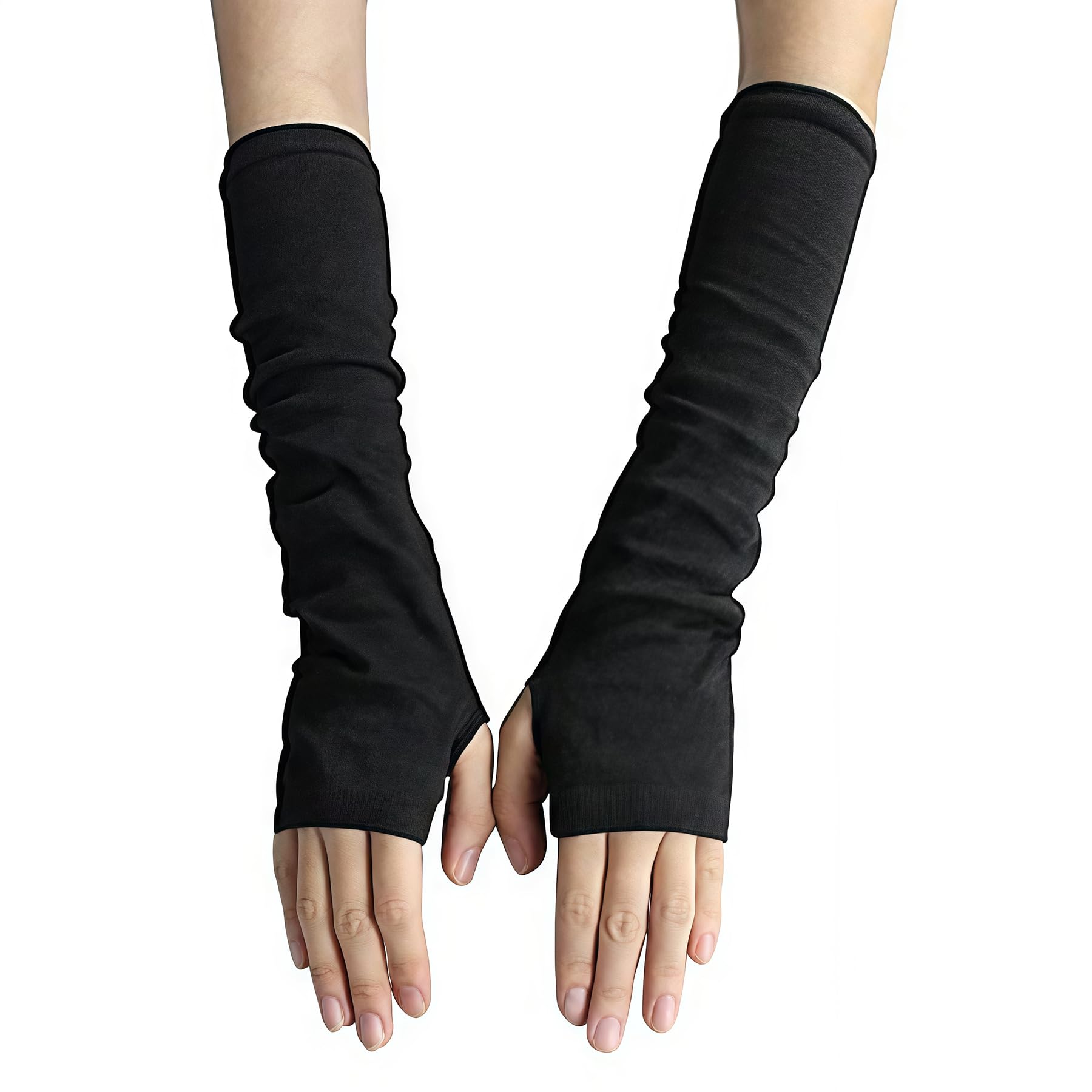 Upstore Women's Black Elastic Fingerless Arm Warmers Sleeve Winter Long Fingeress Gloves Thumb Hole Stretchy Glove Cuff For (Black)