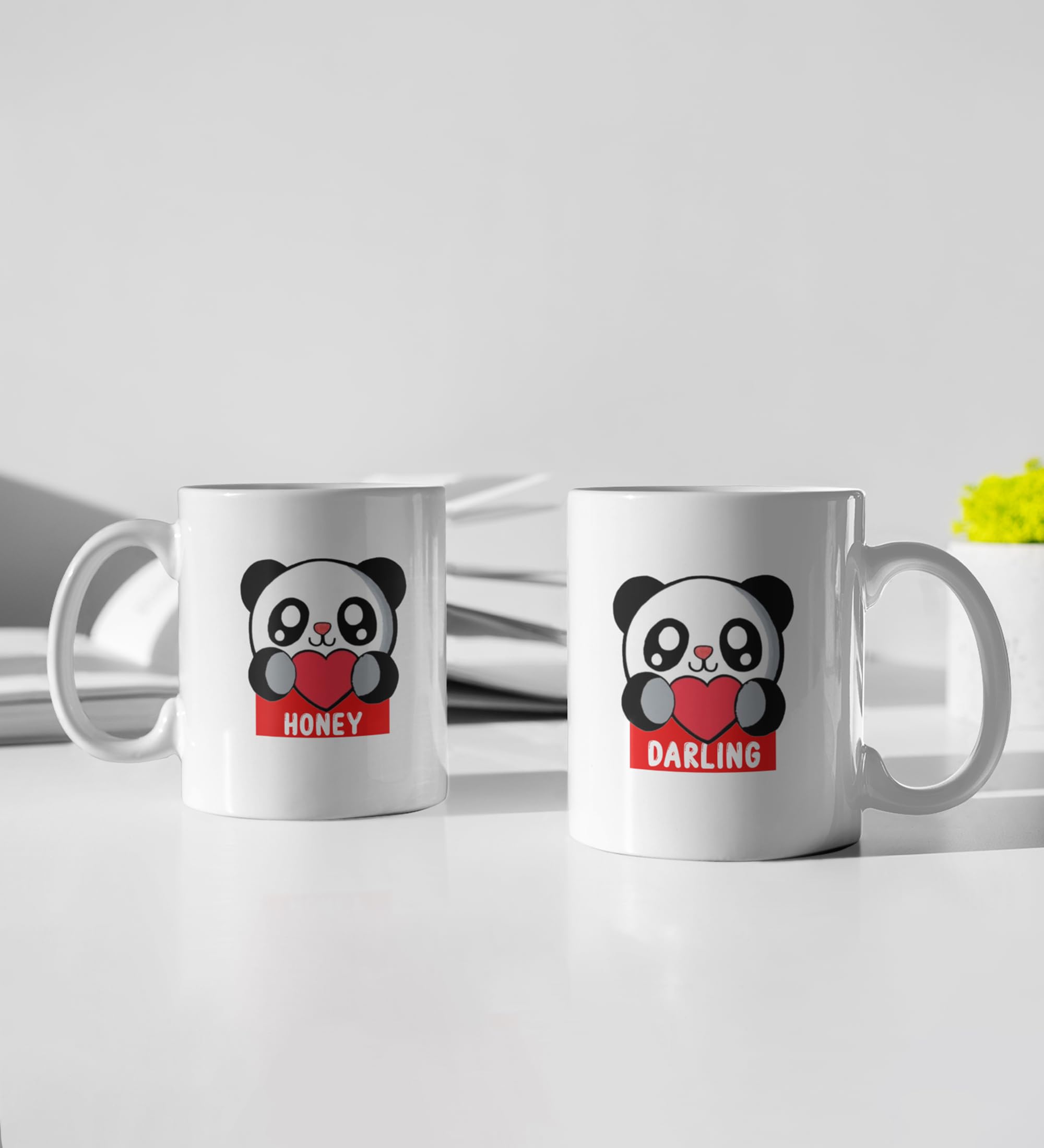 Yellow Orrange Lover Panda Couple Printed 250ml Ceramic Coffee Mugs 2