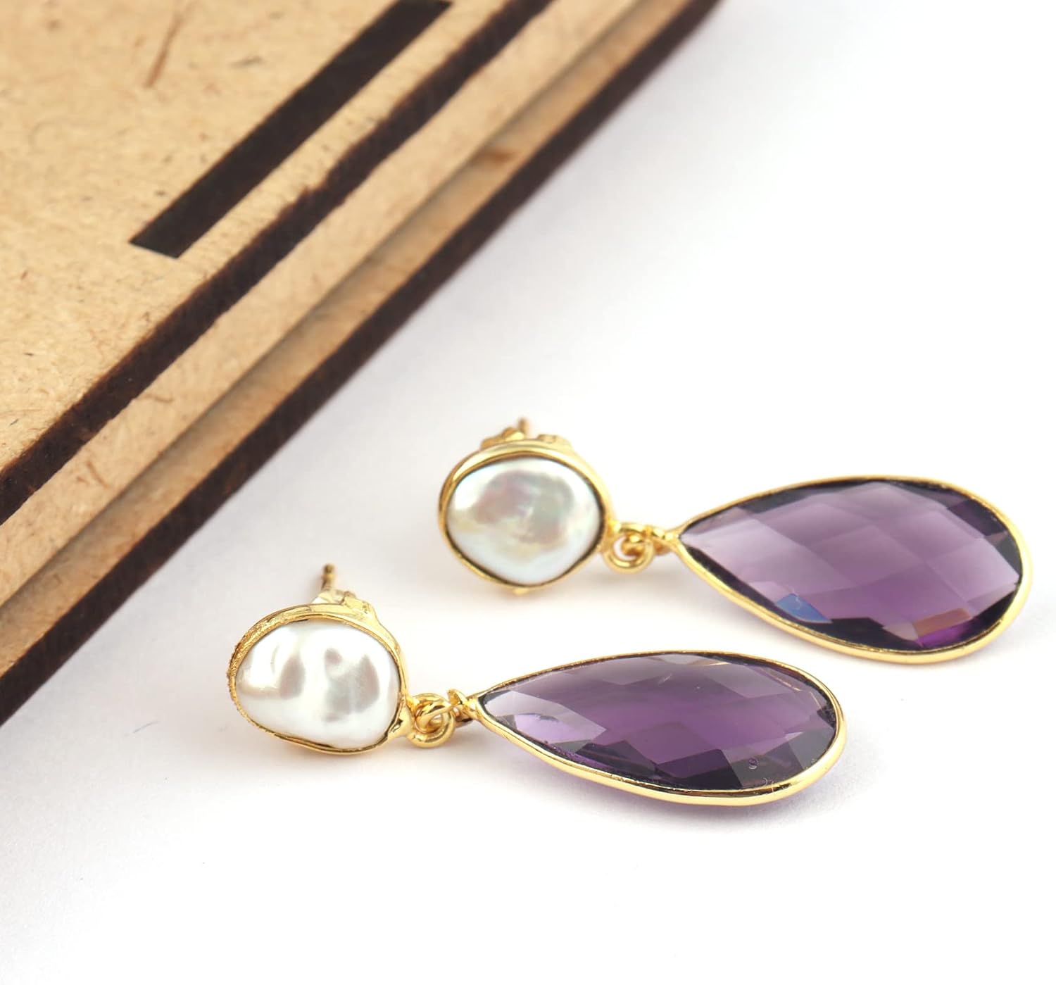 Guntaas Gems Mini Keshi Pearl & Briolette Cut Amethyst Quartz Bezel Earrings Brass Gold Plated Drop & Dangle Earring