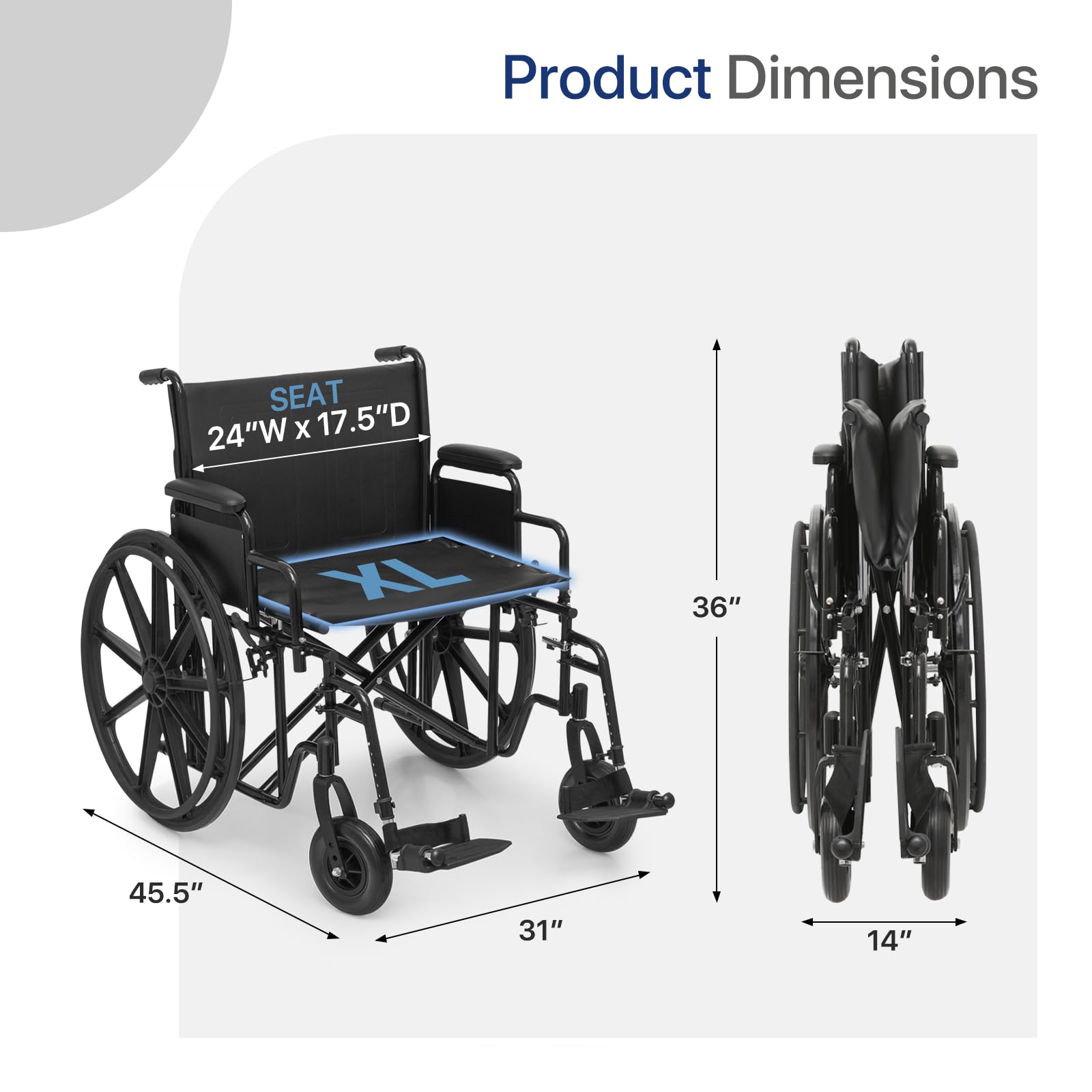 MIRAMINGLE Self-Propelled Wheelchair for Adults, 24 Inch Seat, Steel Frame, 24