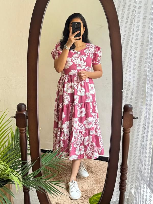 Image of Floral Midi Dress for Women - Summer Boho Dress, Lightweight & Breathable, Elegant Floral Print, Casual & Vacation Outfit, Comfortable Flowy Dress for Women