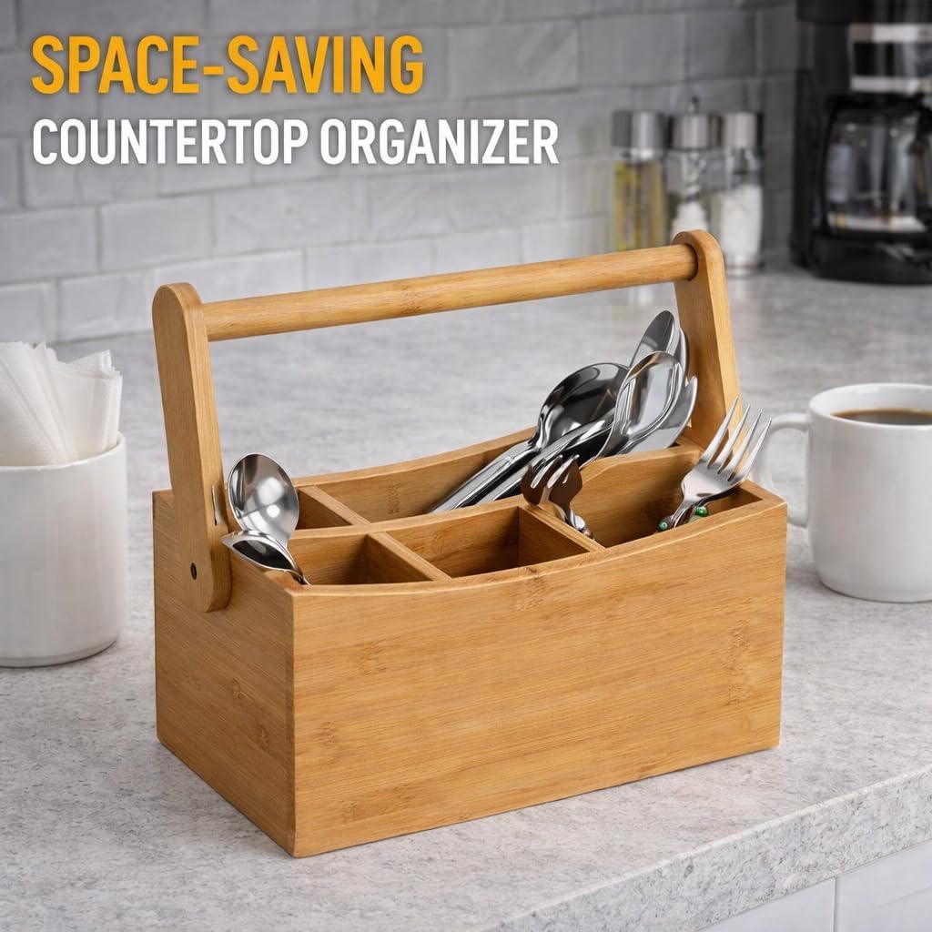 Creative Home's 8-7/8 by 5-1/2 by 9-3/8-Inch Bamboo Utensil Caddy with Handle
