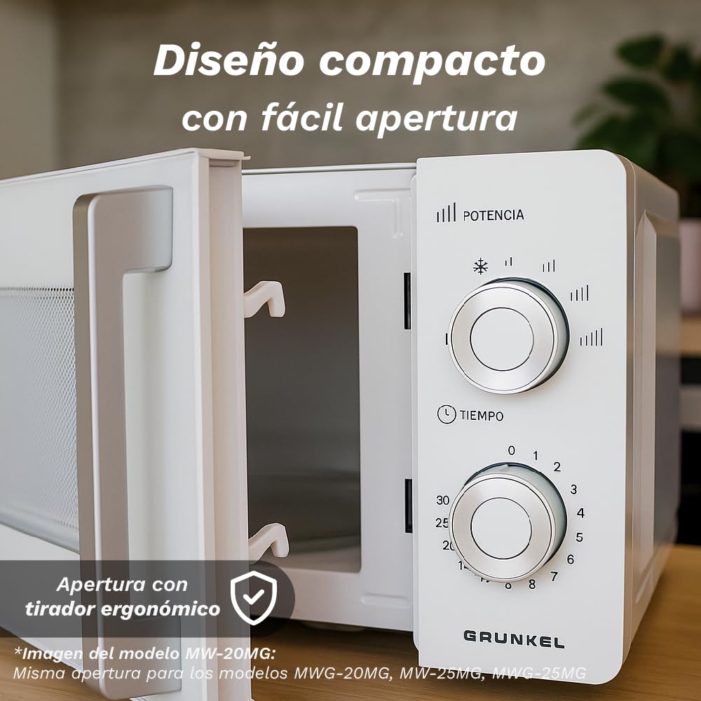 Grunkel Microondas con grill de 25 Litros, 900W + 1000W 5 Niveles de Potencia, 3 Modos Combinados, Temporizador 30 min Apertura con Tirador y Bandeja Ø245 mm