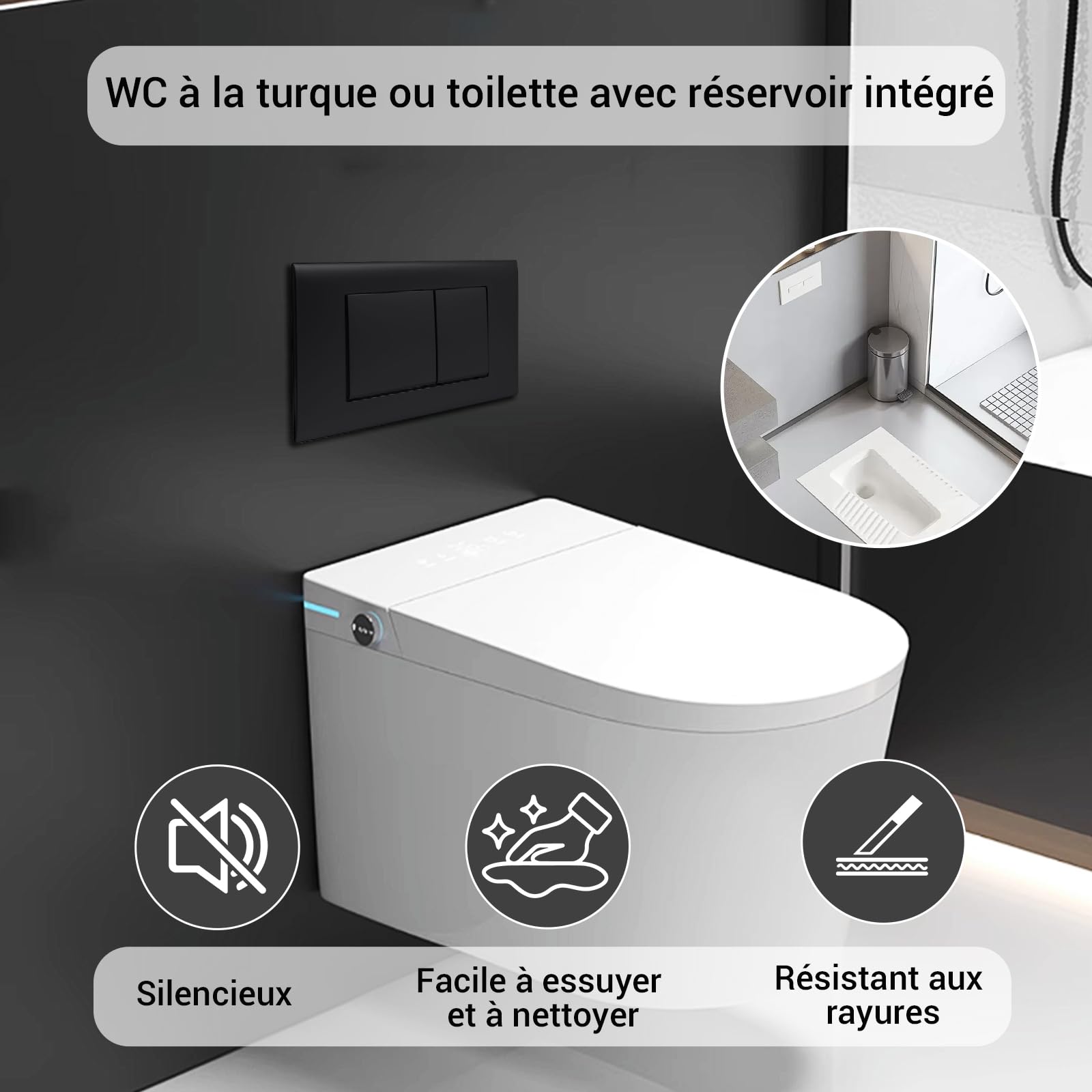 Plaque de commande WC suspendu，Compatible avec Geberit Sigma Gamme， UP300 & UP320，équipé d'une ceinture de régulation de débit et d'un panneau fixe ，Dimensions 246 × 164 mm | Mat（noir）