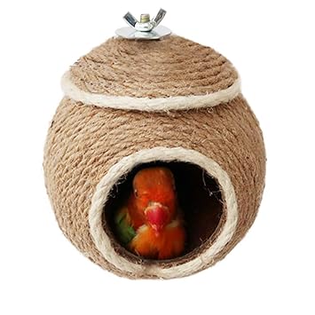 Handwoven Straw Bird Nest, Reusable Grass Woven Parakeet Breeding Cave, Parrot Hatching House for Rabbit Bunny Dove Hamster Gerbil Chinchillas Canary or Cockatiel, Handmade Hanging Bird Nest Cage