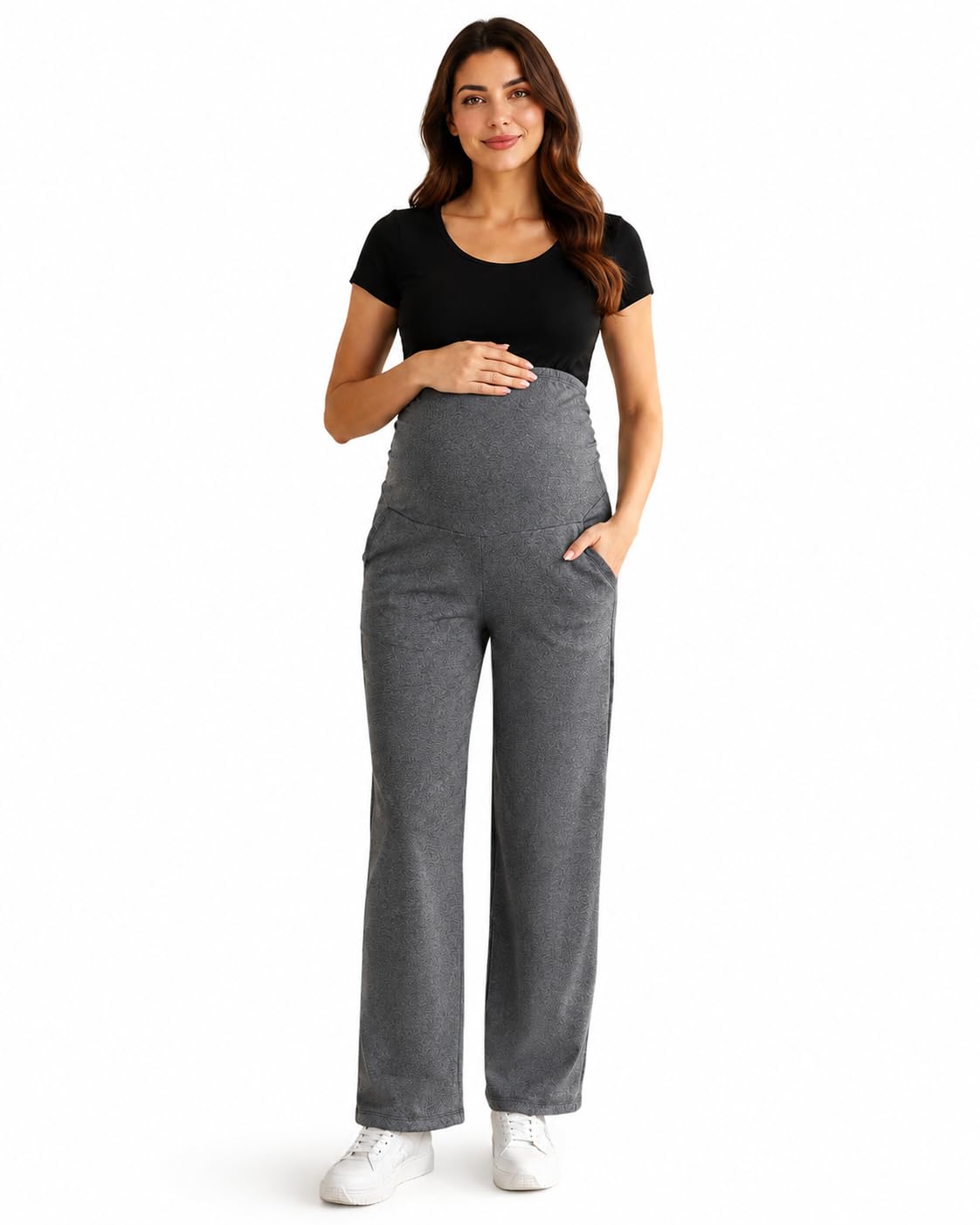 Women's Maternity Track Pants | Soft Cotton Pregnancy Pants with Over Belly Support | Stretchable Full Length Maternity Bottom Wear | Dark Grey Melange-image-39
