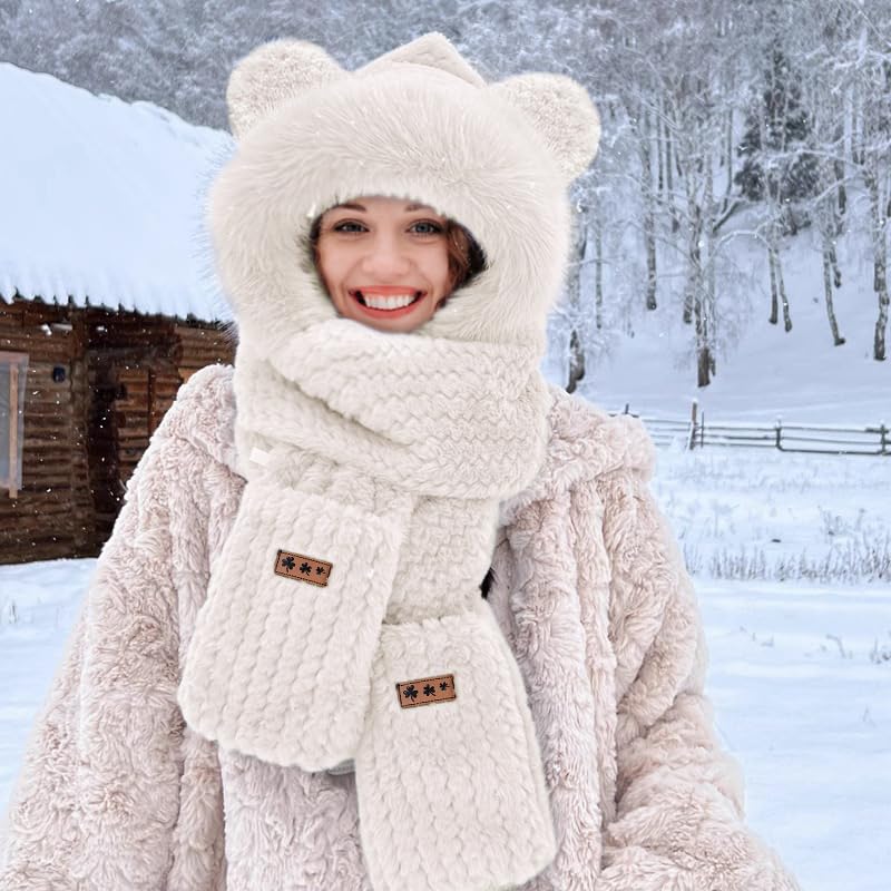 Hooded Scarf for Women Winter, Cute Bear Ear Hat Scarf 3 in 1 Faux Fur Gloves Set Soft Thick Warm Hat2