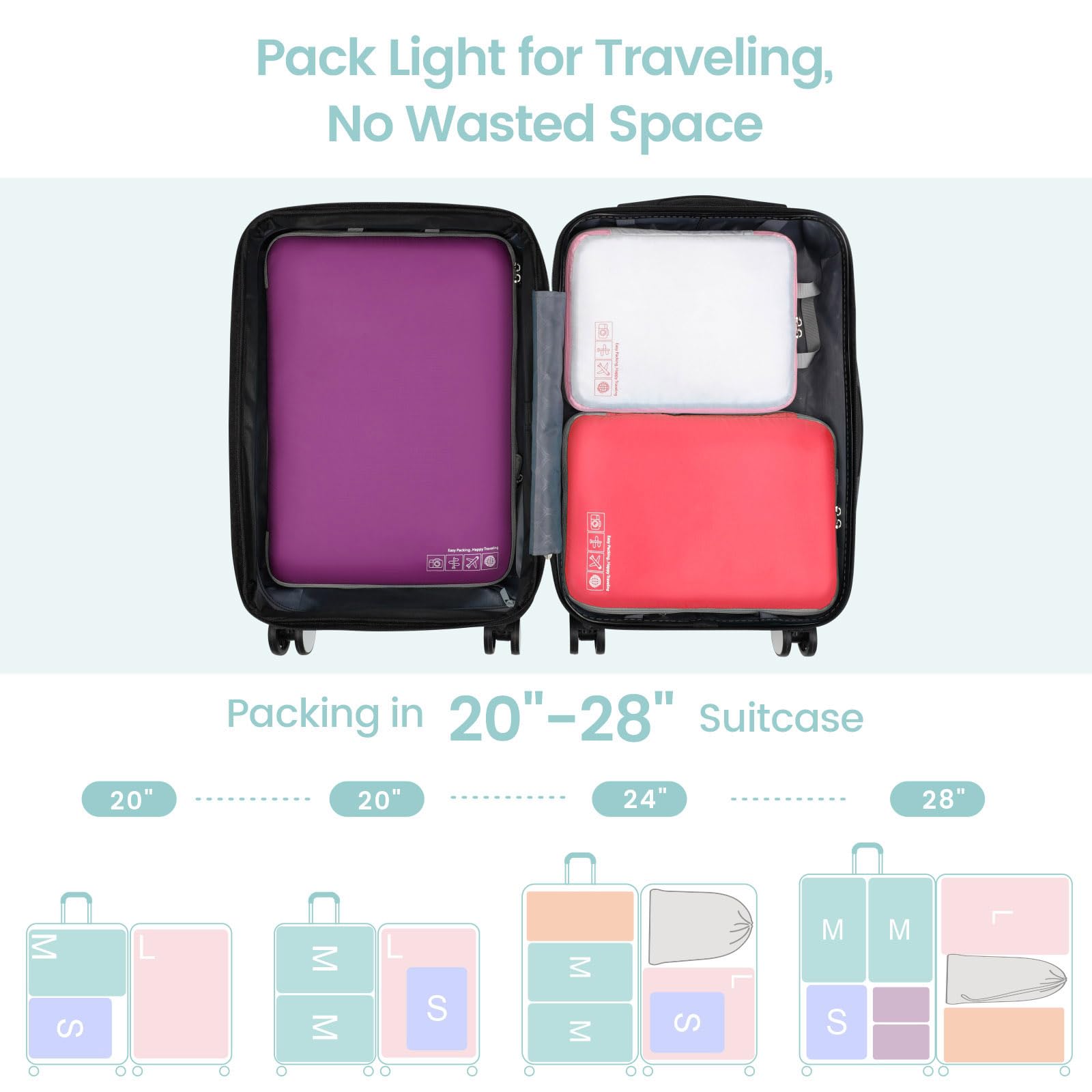 Compression Packing Cubes for Travel - Cambond 3 Pack Luggage Organizers Compression Cubes for Suitcases, Multi-color, 02 Purple/Watermelon pink/White, 3 Set (1*L+1*M+1*S), Modern