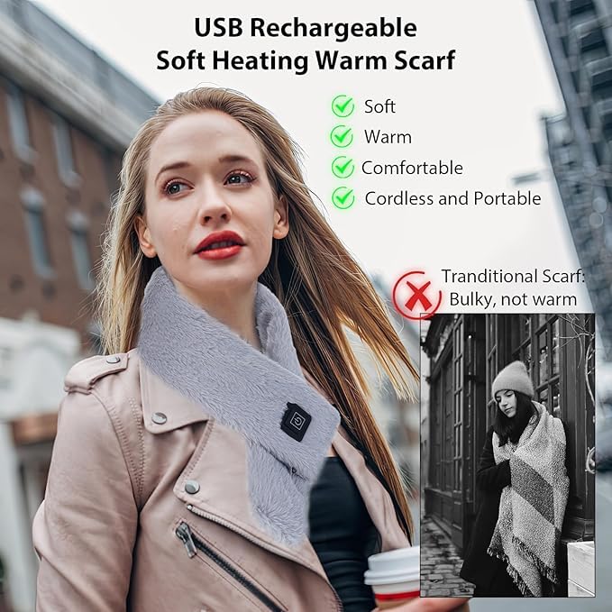 YJZQ Sciarpa riscaldante USB da donna, scaldacollo ricaricabile, con 3 livelli di temperatura regolabile, per caccia, pesca, campeggio, escursionismo, grigio., Taglia unica