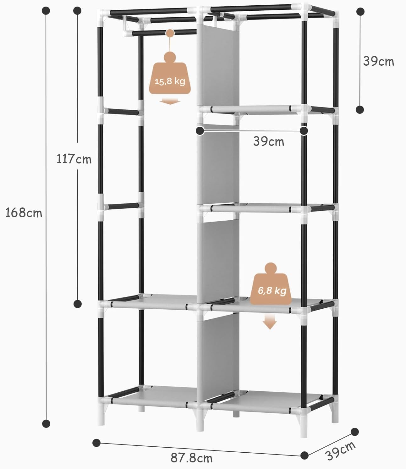 Vicye Armario de Tela, Organizador Armario Ropero Portátil con 1 Barra para Colgar y 6 Estantes para Dormitorio, Vestidor, Salón, Gris, 84 x 42 x 162 cm