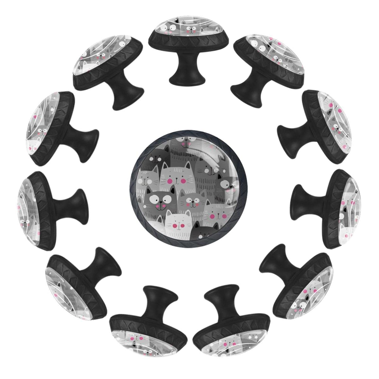 Bouton de tiroir chat gris 35 mm : lot de 12 poignées rondes pour commode de chambre et crèche