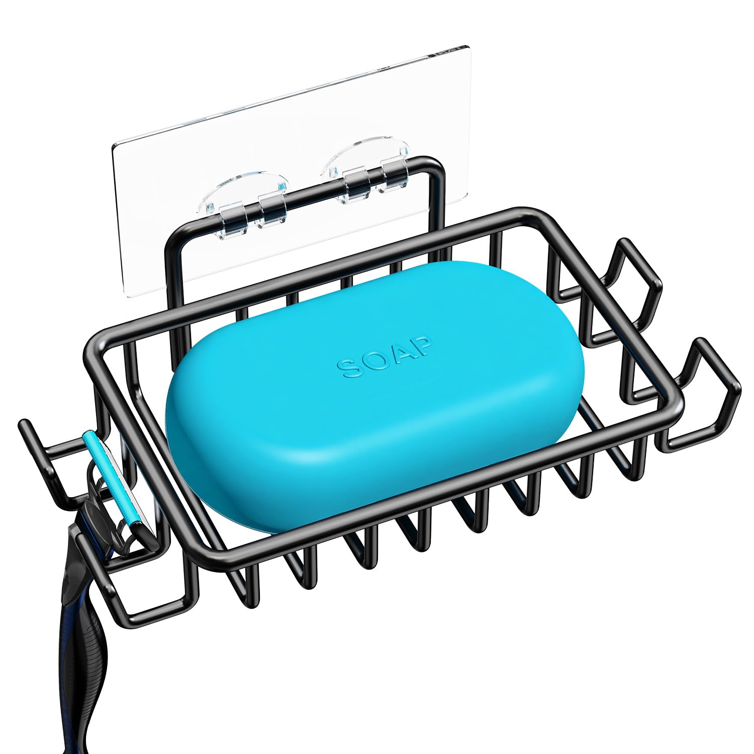 Nieifi Soap Dish Holder with 4 Hooks Stainless Steel Black Adhesive for Shower, Bathroom