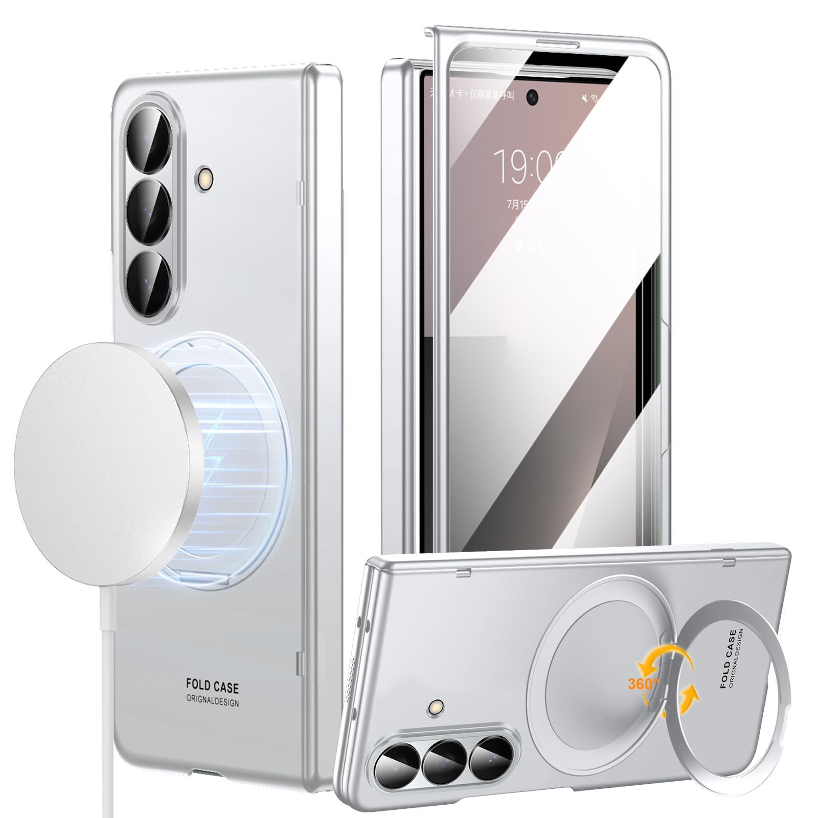 zifiuzem for Samsung Galaxy Z Fold 7 Case with MagSafe, Built-in 360° Magnetic Rotatable Ring Stand, Screen Protector & Hinge Protection, Full Body