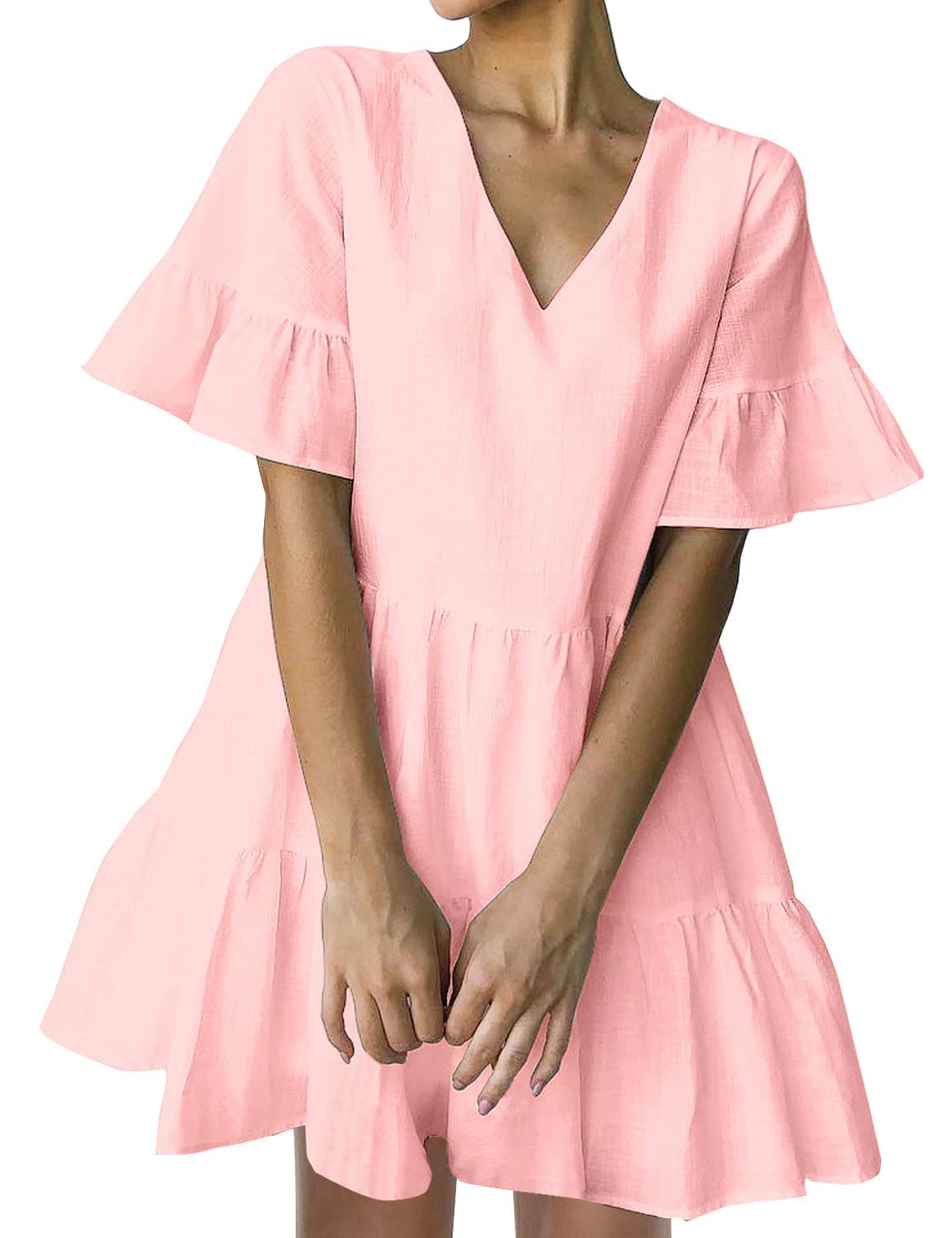 cute pink frilly dress FANCYINN Women Shift Tunic Bell Sleeve V Neck Swing Pink Ruff Floor-Length Coral Bridesmaid Dresses Size:S 6-8 cam live 10.9.24 Kawaii dress Enhances twirls and playtime