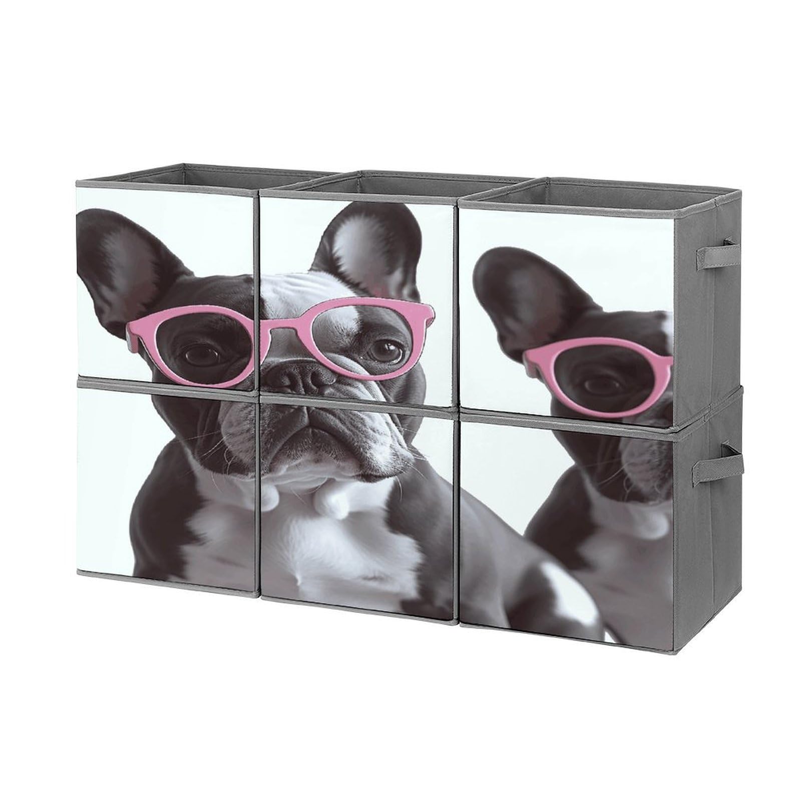 FodPand French Bulldog Pink Glasses Storage Bins Cubes Fabric Cube Organizer Foldable Storage Boxes Large Storage Baskets Oxford Cloth Cube Bins for Home Clothes Closet Organizers 6 Pack