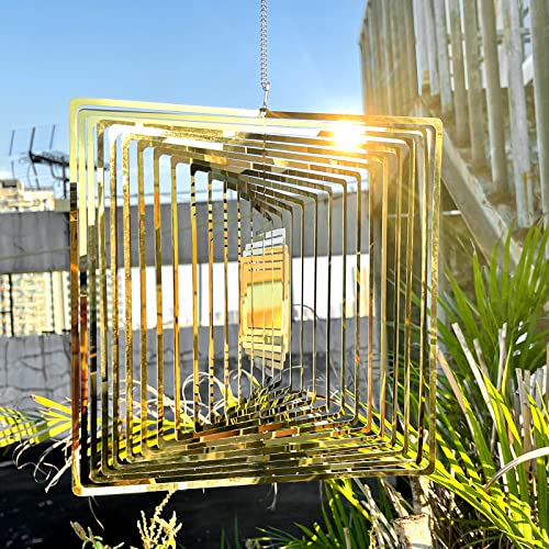 Quadratischer Windspiel Windspiela 3D Gold Quadrat Edelstahl Hängende Windspiel 360-Grad-Edelstahl Dekorationen Ornamente für Hof Garten Haus Haus Balkon Veranda Hanging Wind Spinner Cover