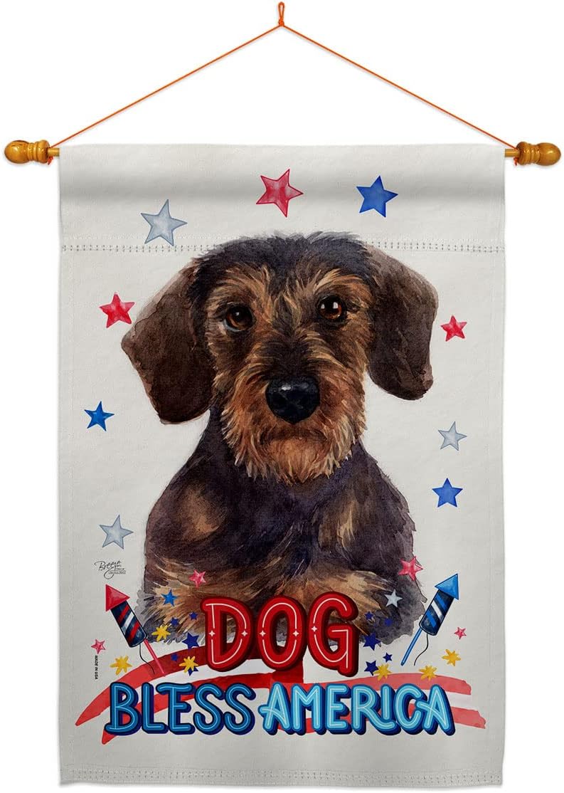 Breeze Decor Patriotic Miniature Dachshund House Flag Dowel Set Dog Puppy Spoiled Paw Canine Fur Pet Nature Farm Animal Creature Banner Small Garden Yard Gift Double-Sided, Made in USA