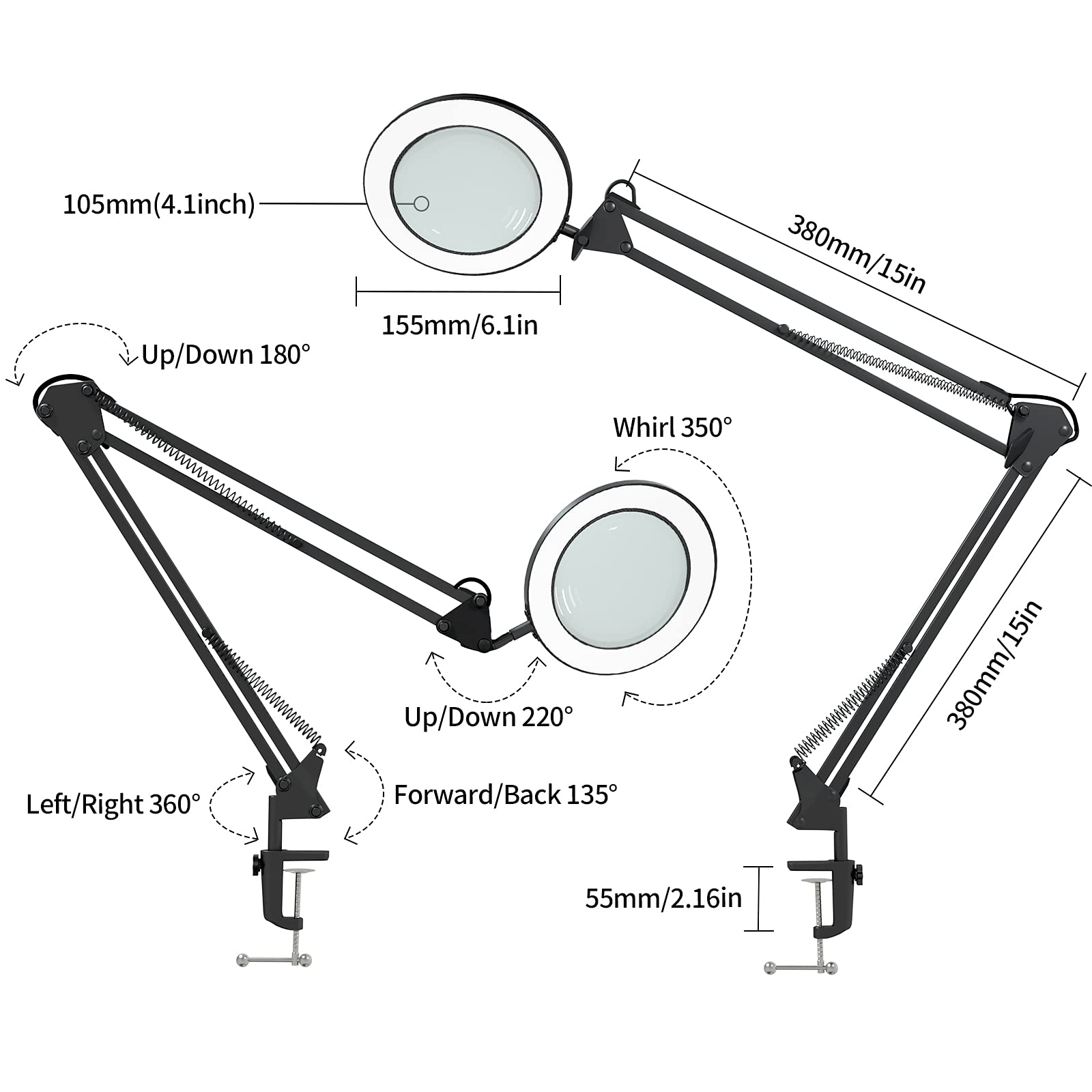 Lampa z lupą o średnicy 105 mm z prawdziwego szkła / 5 dioptrii / 3 tryby kolorów / 10-stopniowe ściemnianie / 72 diody LED o mocy 750 lm / promień roboczy 90 cm / złącze USB (czarna)