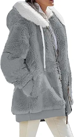 Fuzzy Fleece Jackets for Women Plus Size Hoodies Fall Winter Coats Color Block Patchwork Cardigan Coat with Pockets