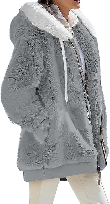 Fuzzy Fleece Jackets for Women Plus Size Hoodies Fall Winter Coats Color Block Patchwork Cardigan Coat with Pockets