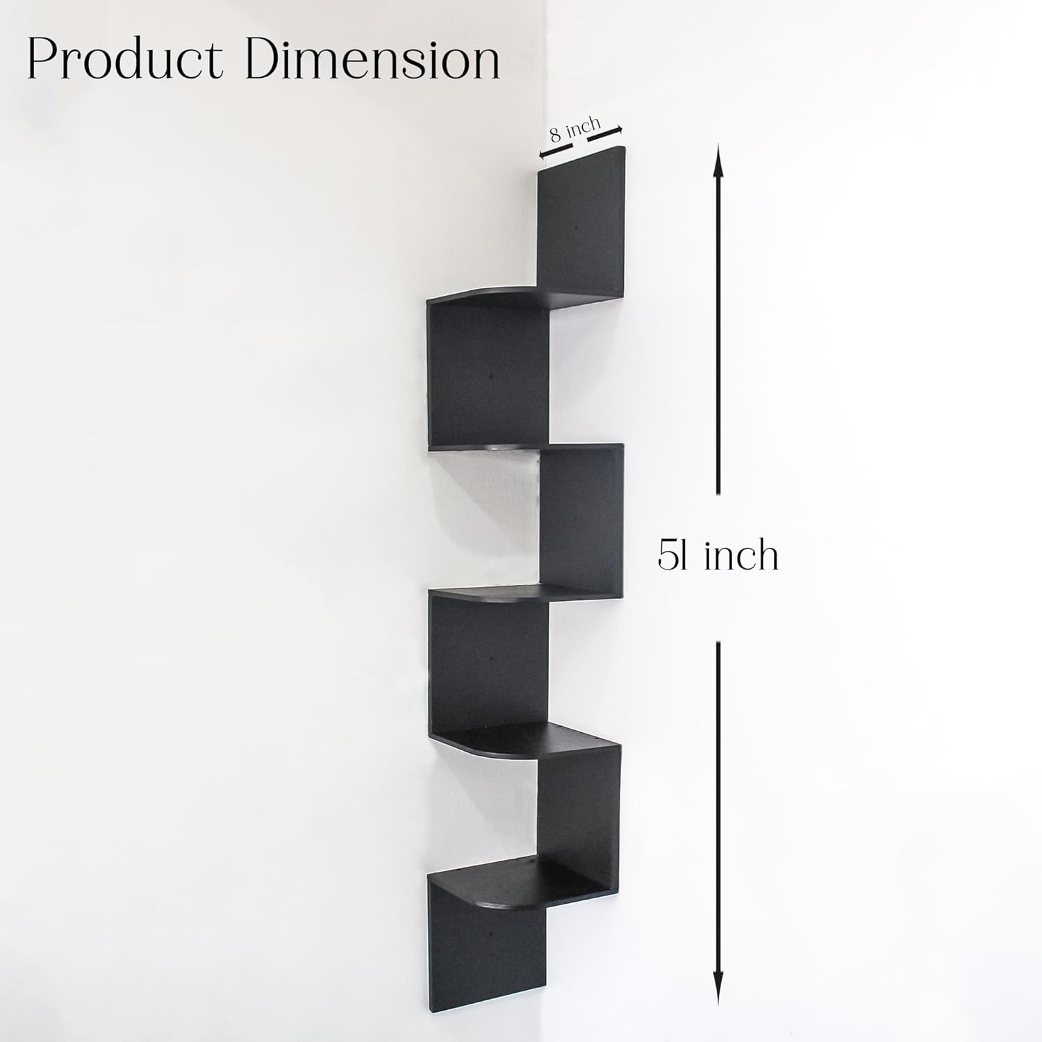 HOMORA Modern Zigzag Corner Wall Shelf – 5-Tier Floating Storage Rack for Home & Office Décor – Space Saving Wooden Display Unit for Books, Plants & Decorative Items – Matte Black Finish (Black)
