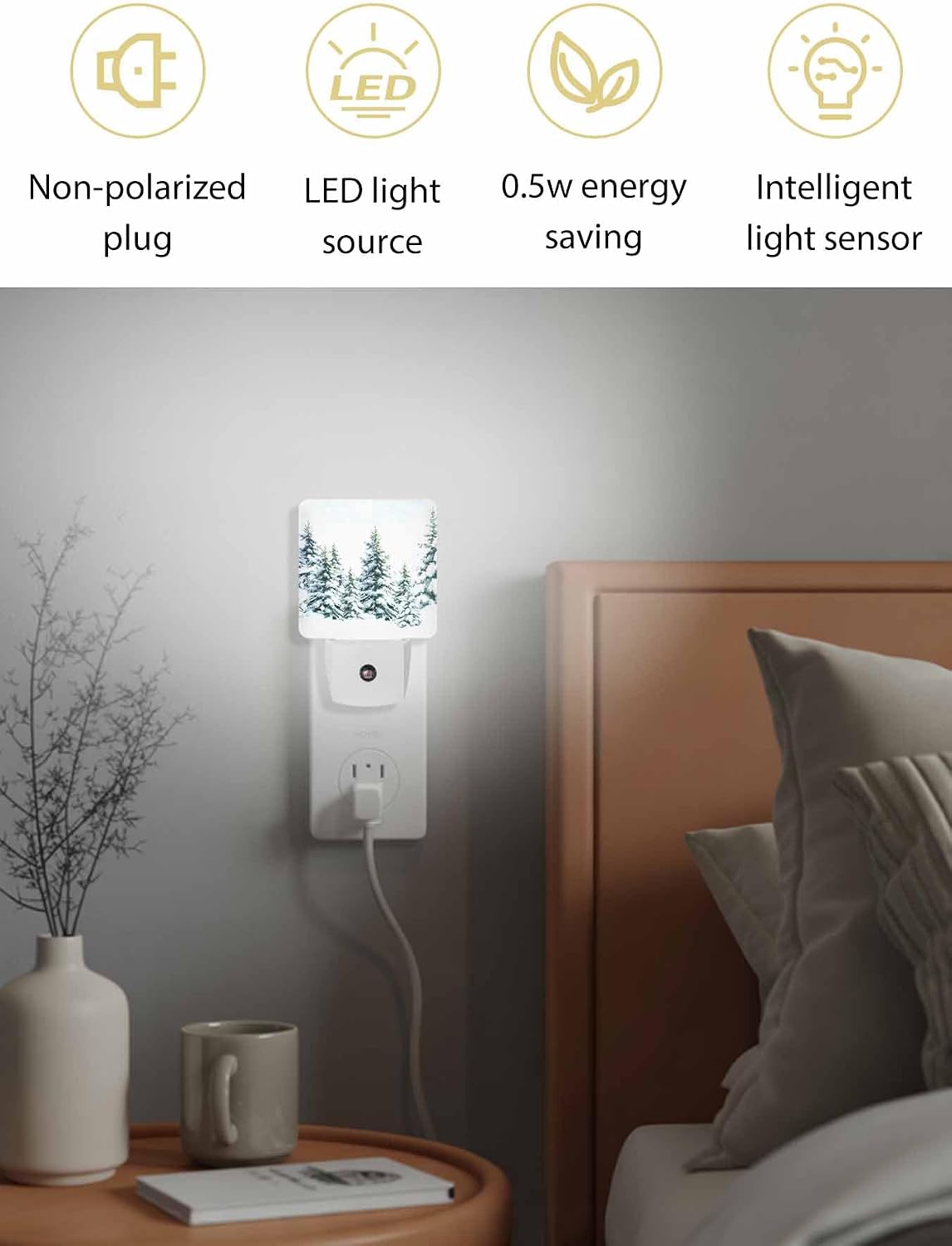 Christmas Tree Night Light Plug in LED Night Lamp Automatic Sensor Green Trees Night Lights, Winter Snowy Night-Lights Plug into Wall for Bedroom Bathroom Kitchen Hallway Christmas Decor image 3