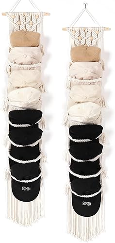 AceList Paquete de 2 organizadores para gorras de béisbol, perchas de macramé para pared y puerta, perchero bohemio para sombreros con decoración de