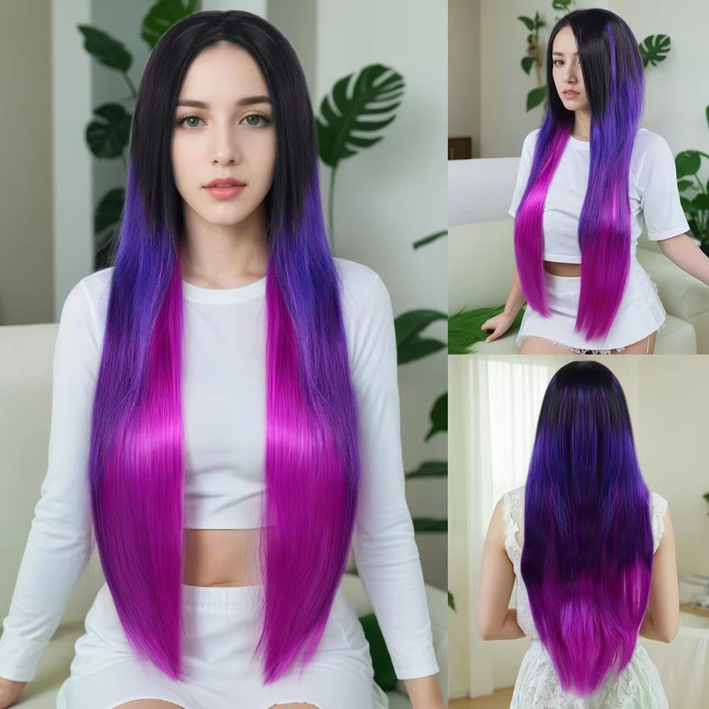 Haarpflege 80 Cm Lange Gerade Faserperücke Im Ombre-Stil In Schwarz Lila Mittelteil