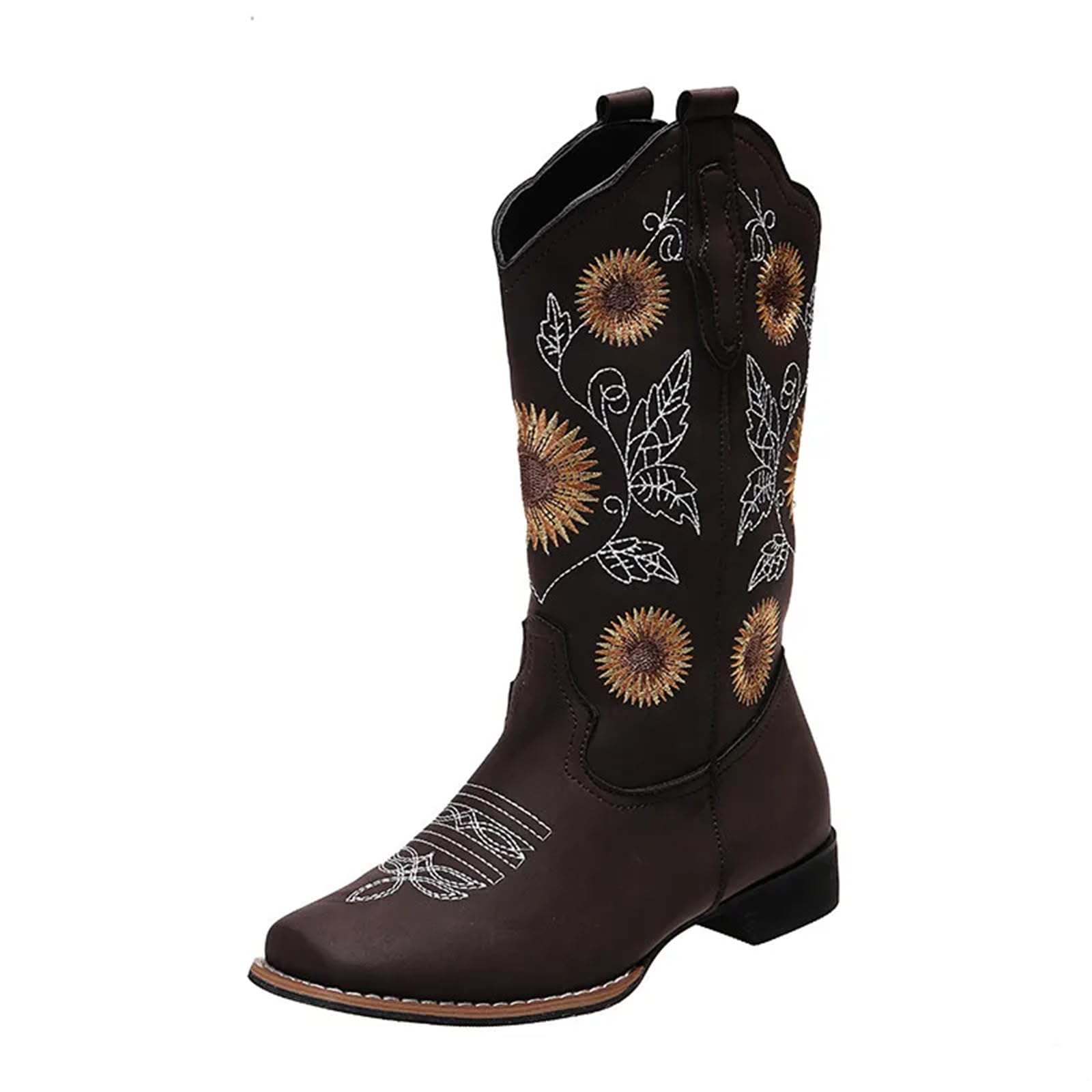 Lmtossey Donne Fiore Ricamo Scarpe Slip-On Stivali da Equitazione Lady Square Heel Mid-Polpaccio Boot Femminile Inverno Sottile Peluche Scarpa