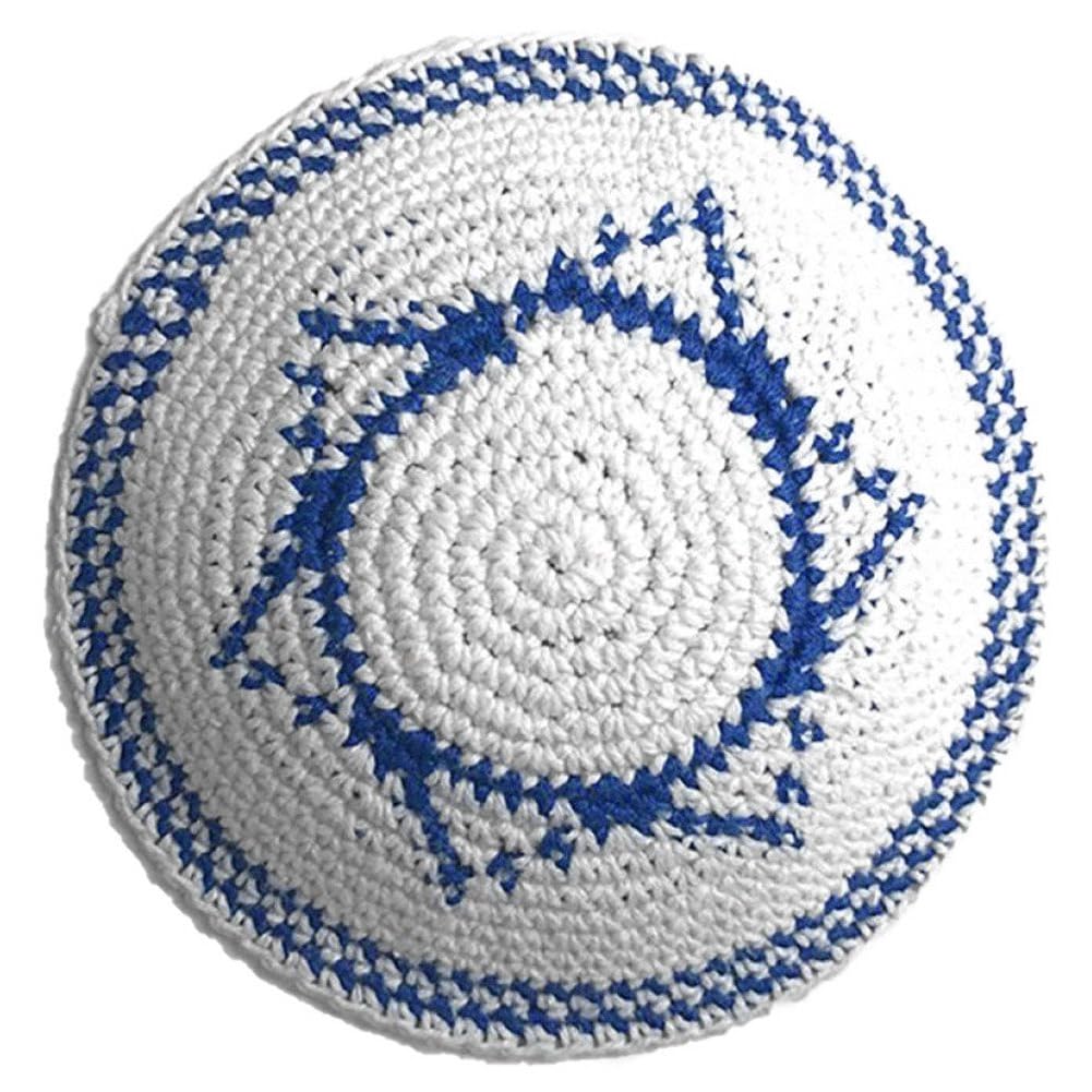 Uzztfa Men's White + Blue Handmade Knitted Kippah Hat For Classic Jewish Skullcap Hat Traditional Yarmulke Hat Round Jerusalem Hat