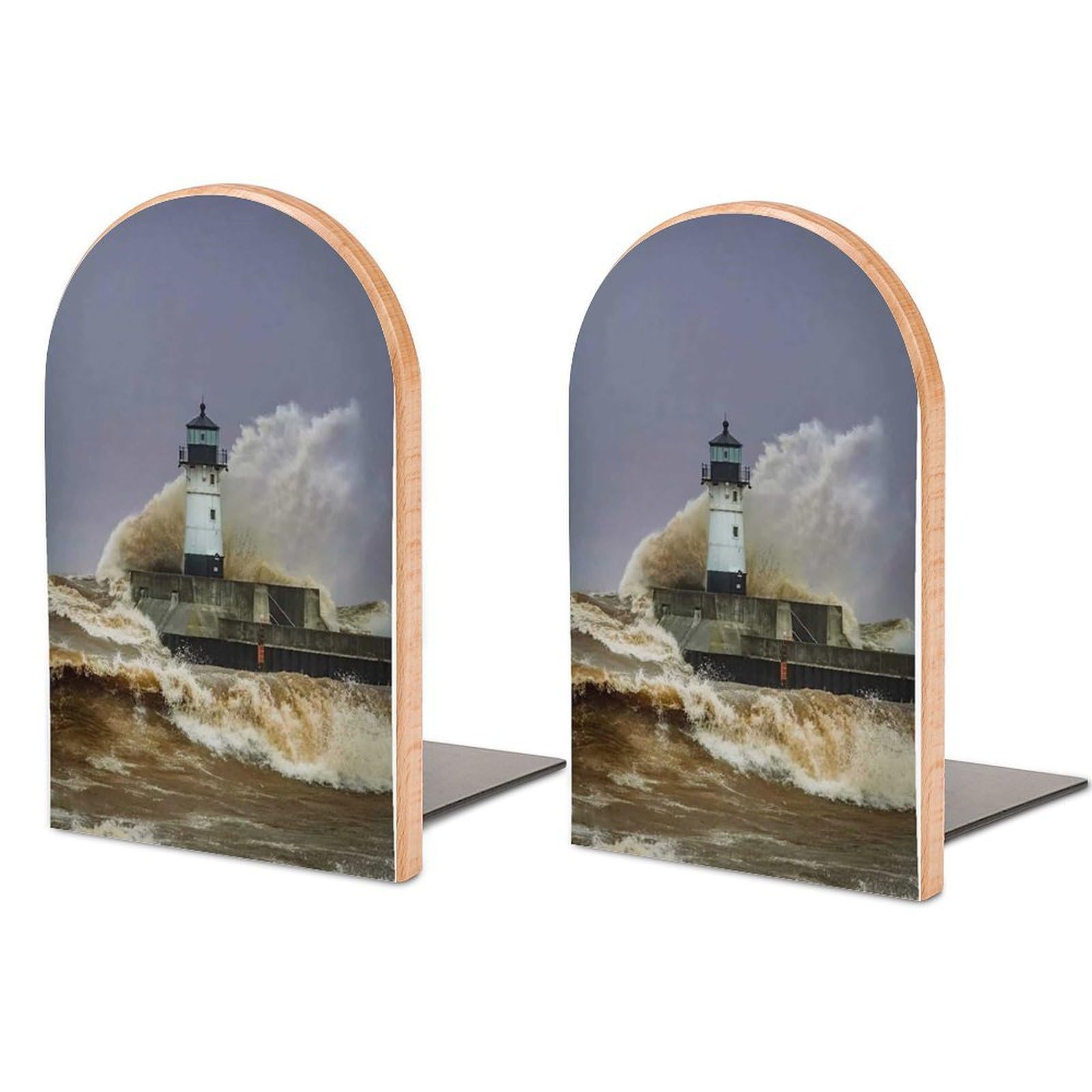 Seaside Lighthouse Beech Wood Bookends Heavy Duty Book Organizers Desktop File Holder for Office Home Bookshelf