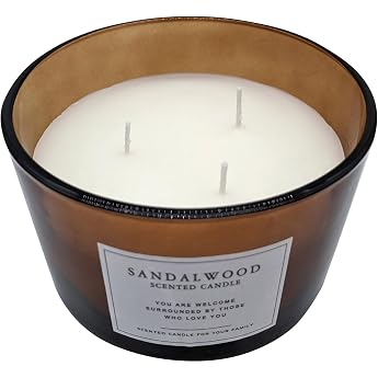 3-Wick Scented Candle in Glass 13 cm - Sandalwood Fragrance - Mood Candle in Frosted Glass with Cork Lid - Aroma Fragrance Decorative Candle Christmas Santa Gift