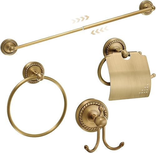 Miniatura 12 de Juego de 4 Piezas de Accesorios de Baño de Latón Antiguo Dorado Montados en la Pared Toallero y Anillo para Toallas y Portapapel Higiénico y Gancho