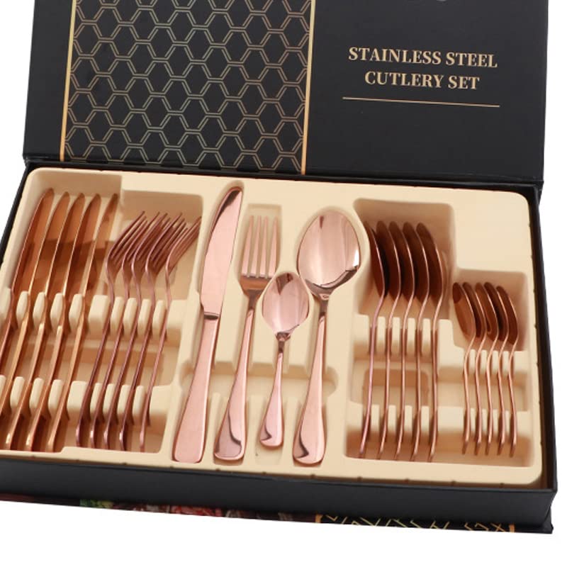 Rengue Juego de Cubiertos, Juego de Cubiertos de Acero Inoxidable de 24 Piezas con Pulido de Espejo y Diseño de Cabeza Redonda, para Restaurante, Comedor en Casa, Regalo (Oro rosa)
