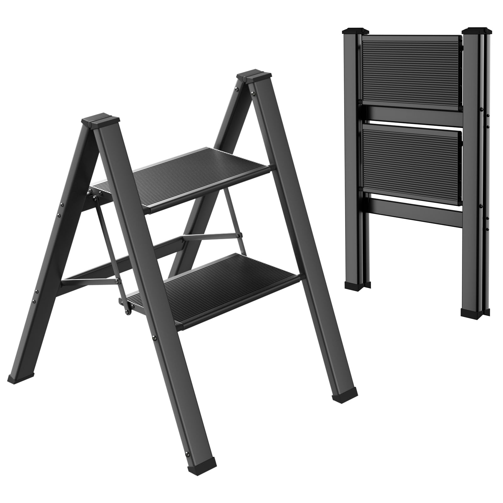 Aluminiowa 2-stopniowa składana drabina antypoślizgowa przenośna drabina do domu, lekka drabina, nośność do 150 kg, używana w kuchni, domu, biurze (czarny)