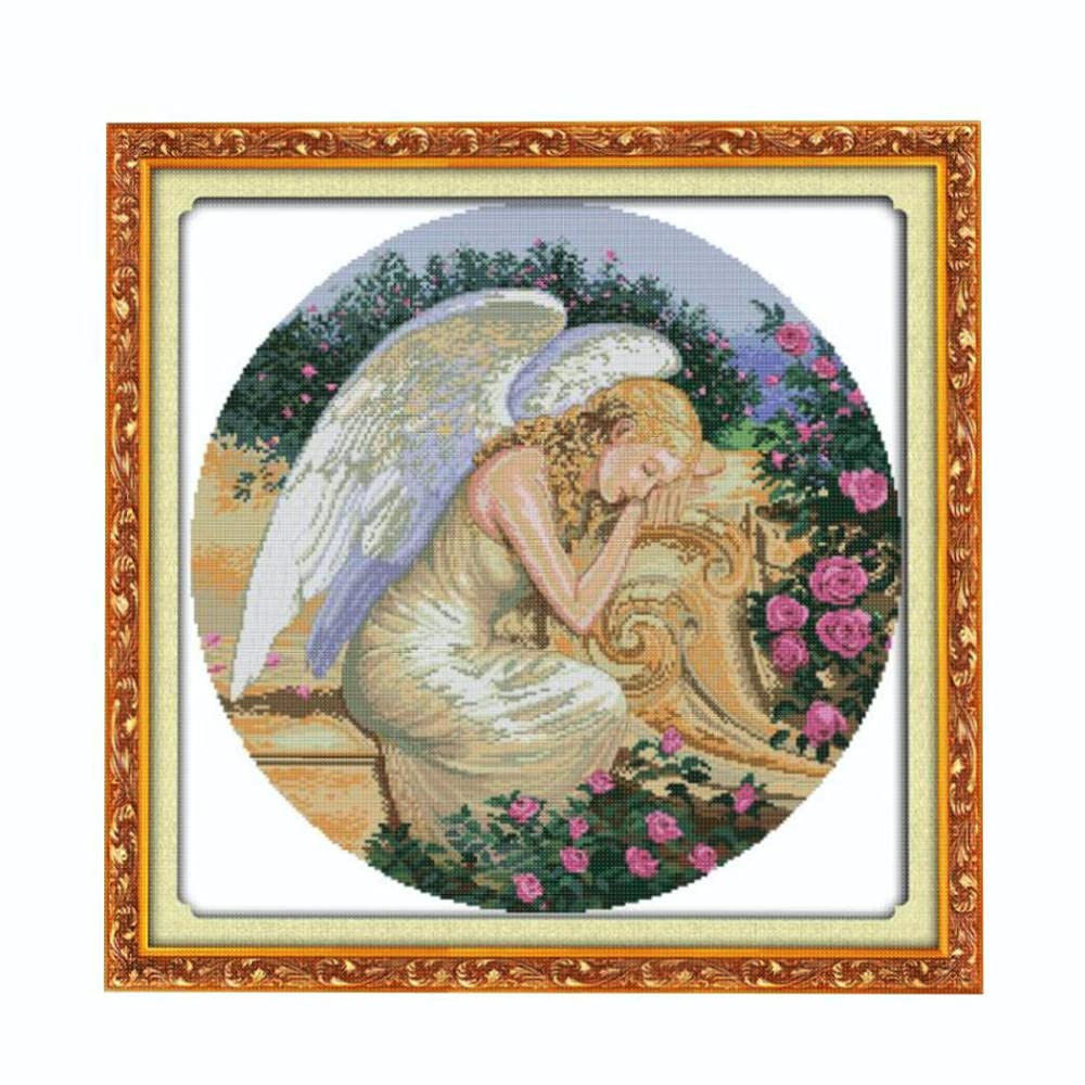 DIY Point De Croix Kit Pour Debutant Adulte,Canevas Point De Croix Kit Complet Enfant,11CT Toile Pré-imprimé,Moineaux Et Fleurs,Ange,40x50cm