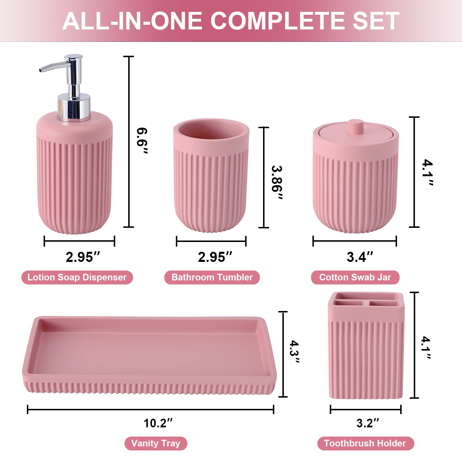 XLHOMO Juego de 5 Accesorios de baño de Resina Rosa, dispensador de jabón de loción, Soporte para Cepillo de Dientes, Vaso de baño, Tarro de hisopo de algodón y Bandeja Multifuncional, Accesorio