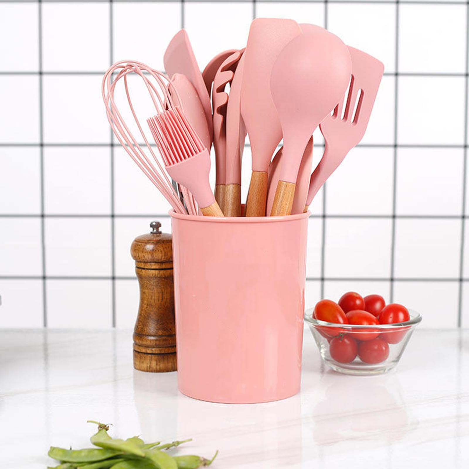 Lot de 11 ustensiles de cuisine en silicone avec poignées en bois, résistants à la chaleur, non toxiques, avec spatule, pince, spatule et cuillère pour ustensiles de cuisine antiadhésifs – Rose